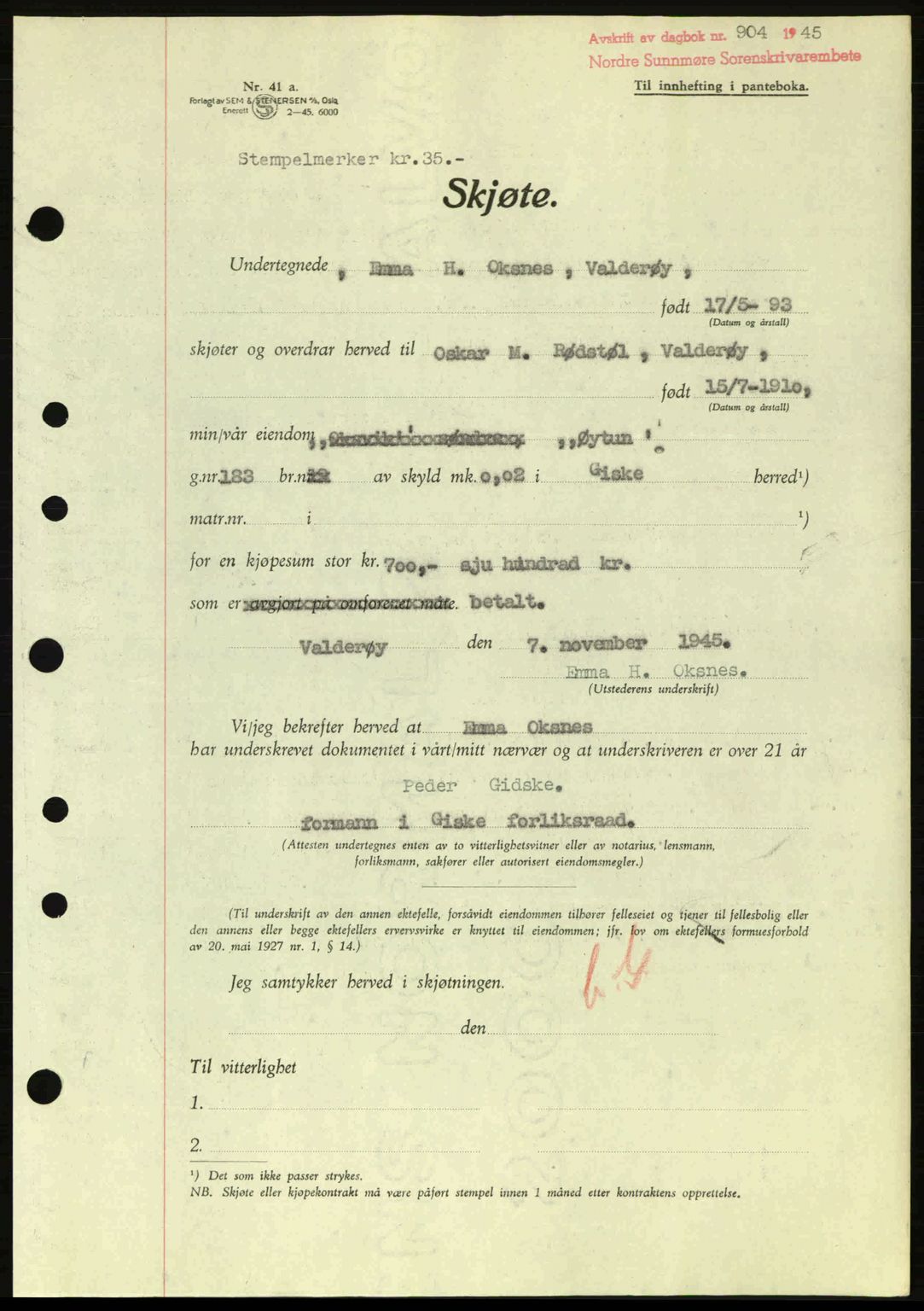 Nordre Sunnmøre sorenskriveri, AV/SAT-A-0006/1/2/2C/2Ca: Mortgage book no. A20a, 1945-1945, Diary no: : 904/1945