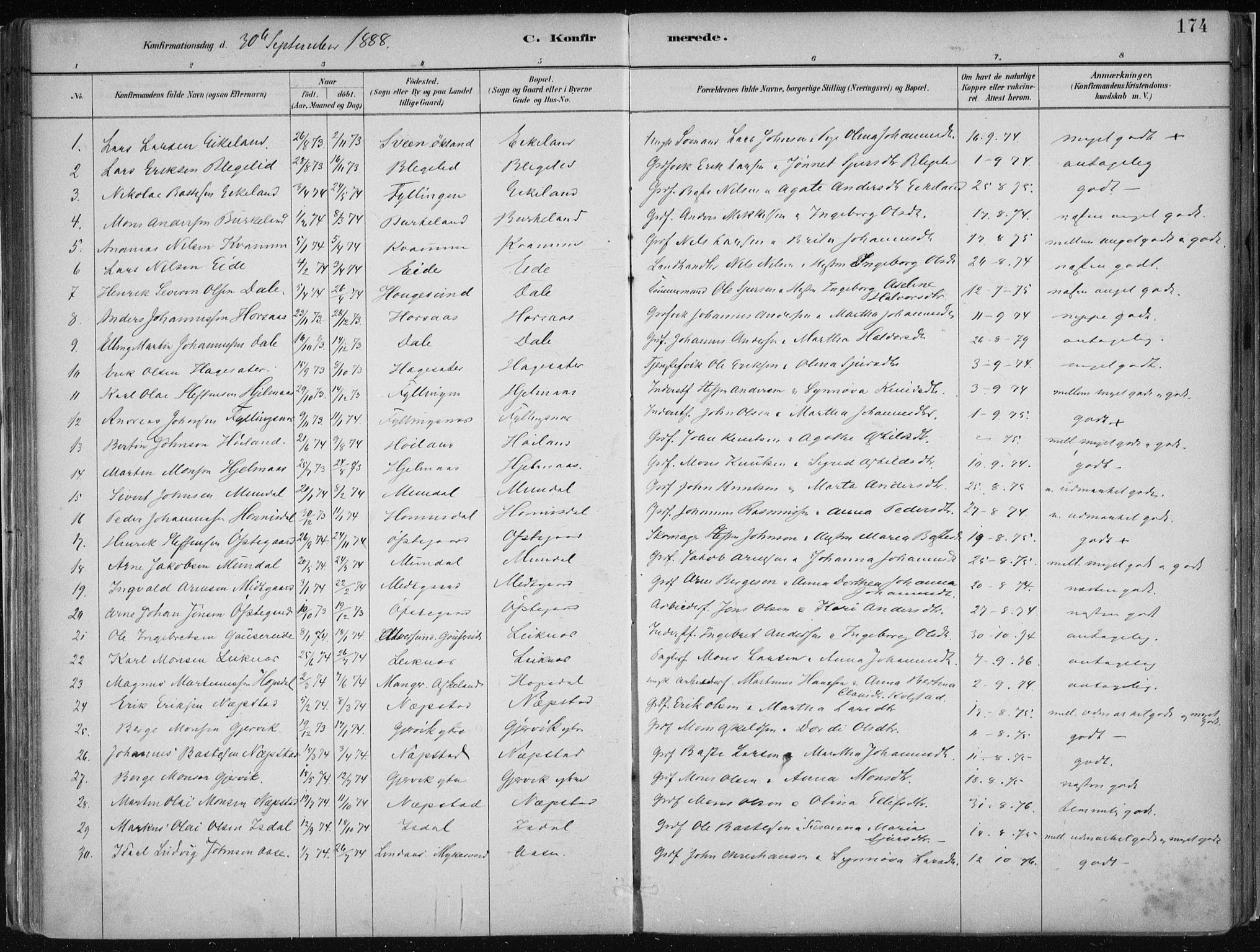 Hamre sokneprestembete, SAB/A-75501/H/Ha/Haa/Haab/L0001: Parish register (official) no. B  1, 1882-1905, p. 174
