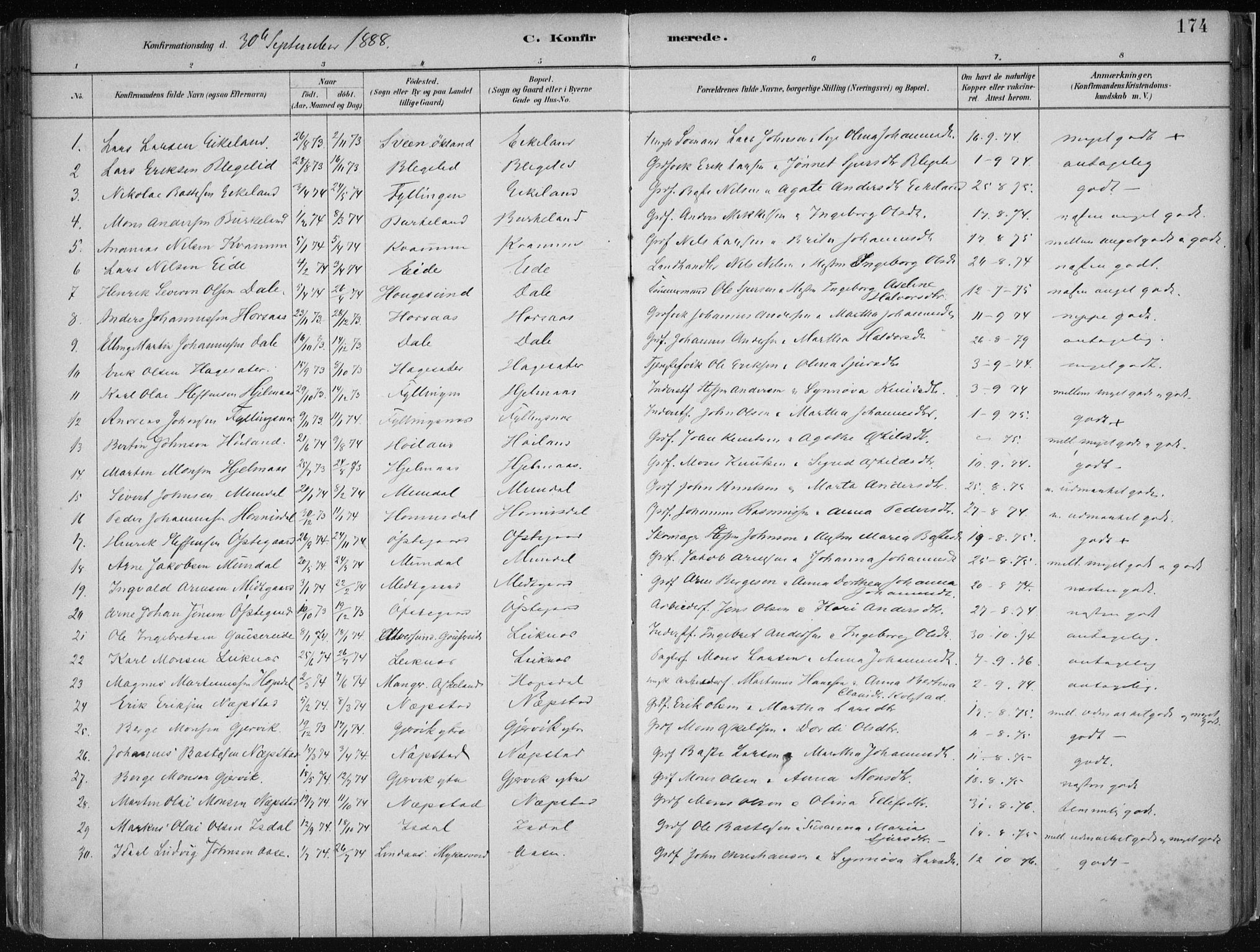 Hamre sokneprestembete, AV/SAB-A-75501/H/Ha/Haa/Haab/L0001: Parish register (official) no. B  1, 1882-1905, p. 174