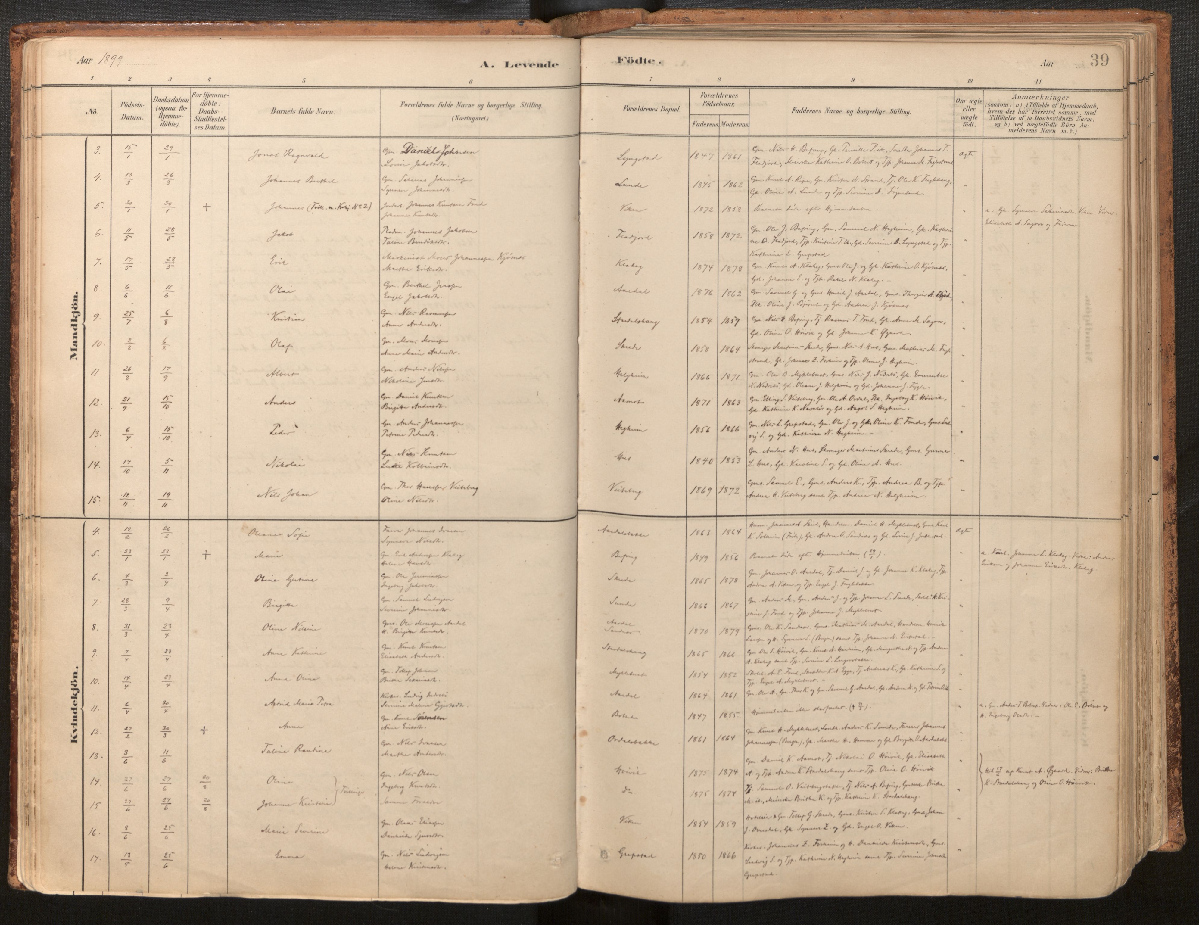 Jølster sokneprestembete, SAB/A-80701/H/Haa/Haac/L0001: Parish register (official) no. C 1, 1882-1928, p. 39
