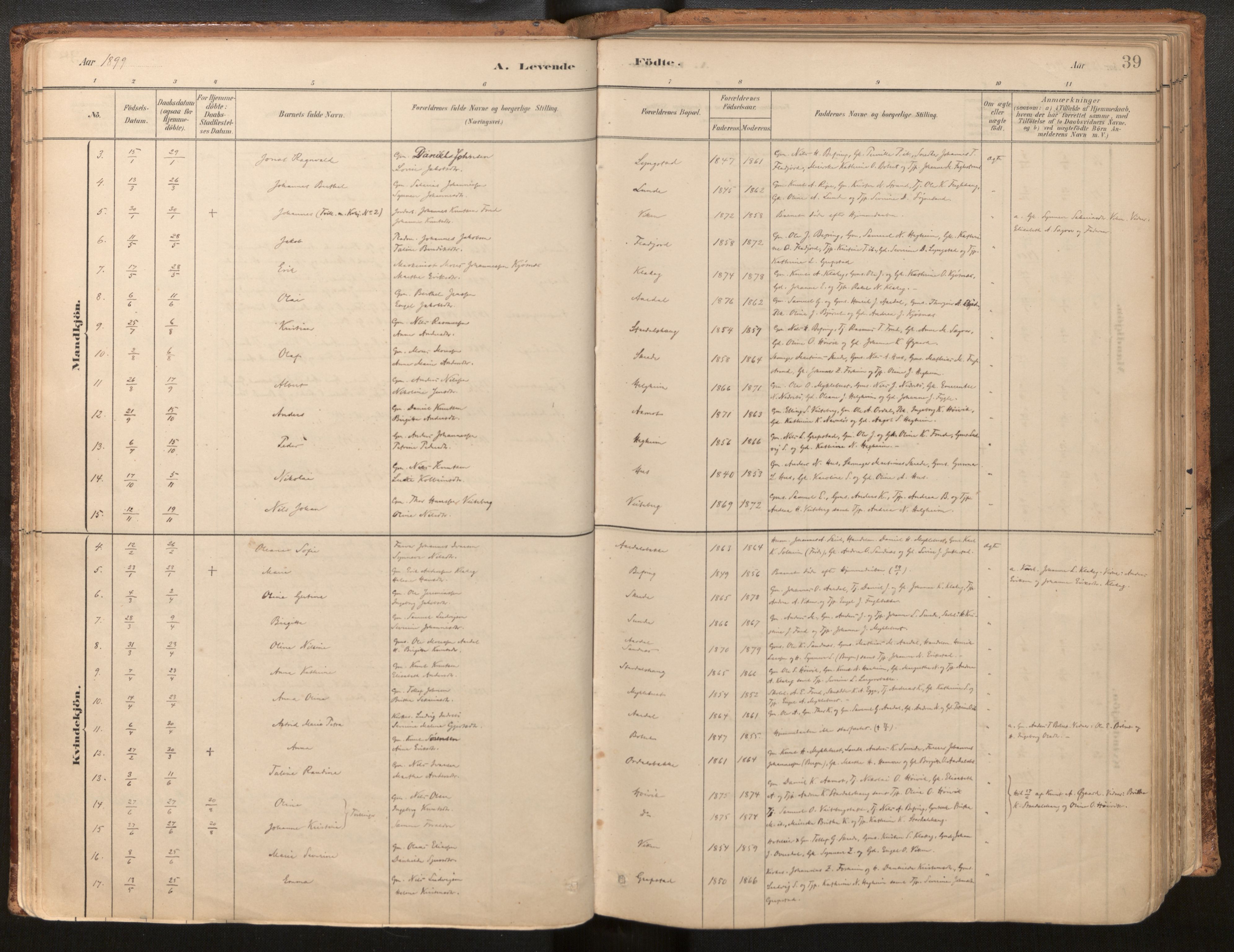 Jølster sokneprestembete, AV/SAB-A-80701/H/Haa/Haac/L0001: Parish register (official) no. C 1, 1882-1928, p. 39