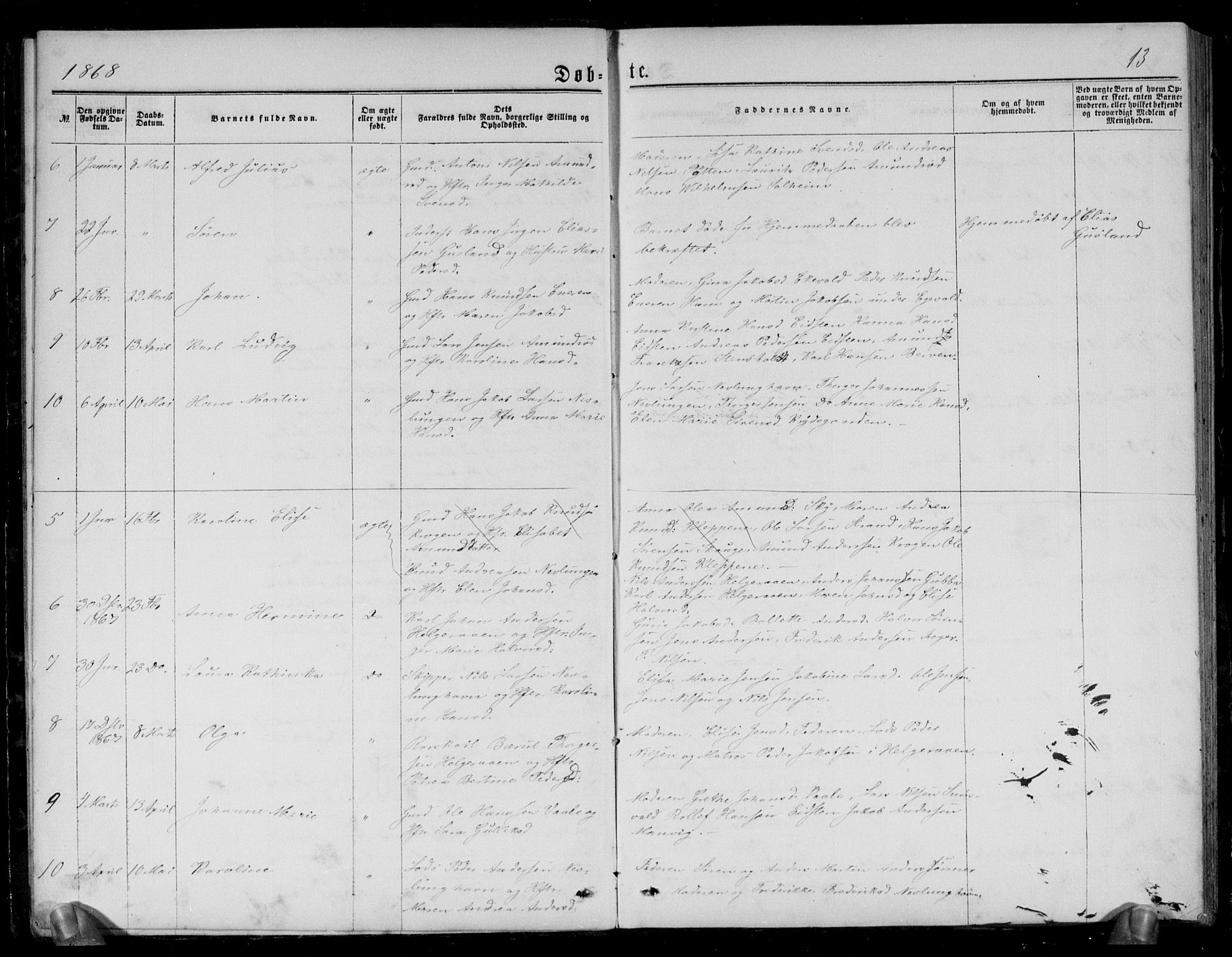 Brunlanes kirkebøker, AV/SAKO-A-342/G/Gb/L0001: Parish register (copy) no. II 1, 1866-1877, p. 13