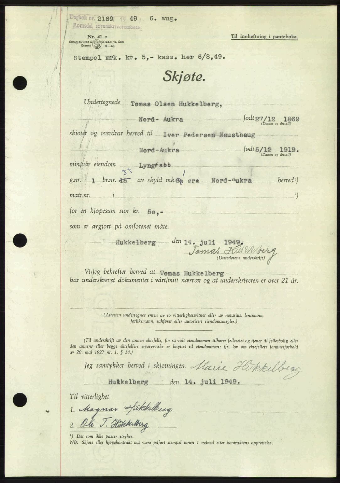 Romsdal sorenskriveri, AV/SAT-A-4149/1/2/2C: Mortgage book no. A30, 1949-1949, Diary no: : 2169/1949