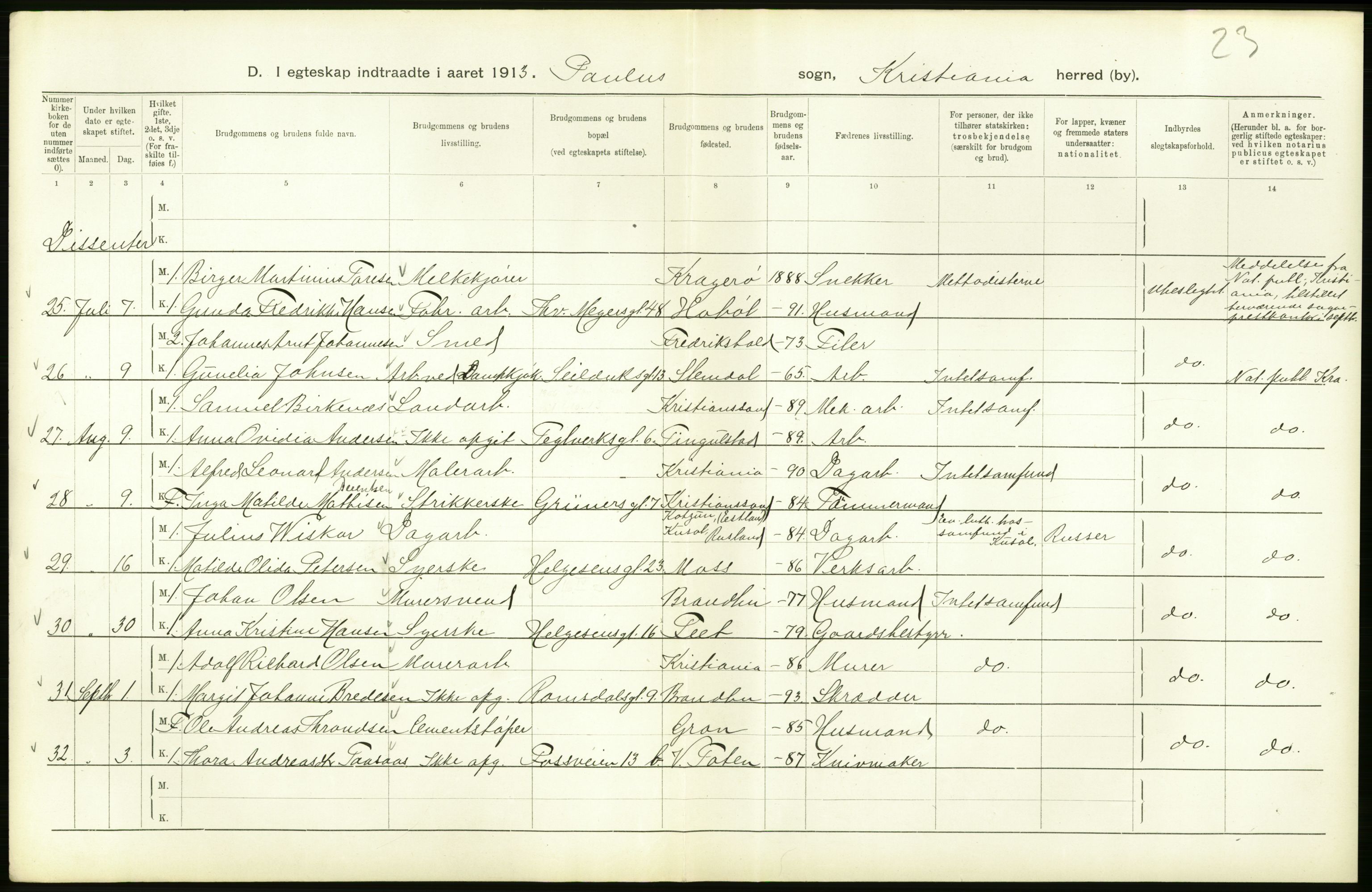 Statistisk sentralbyrå, Sosiodemografiske emner, Befolkning, AV/RA-S-2228/D/Df/Dfb/Dfbc/L0008: Kristiania: Gifte., 1913, p. 316