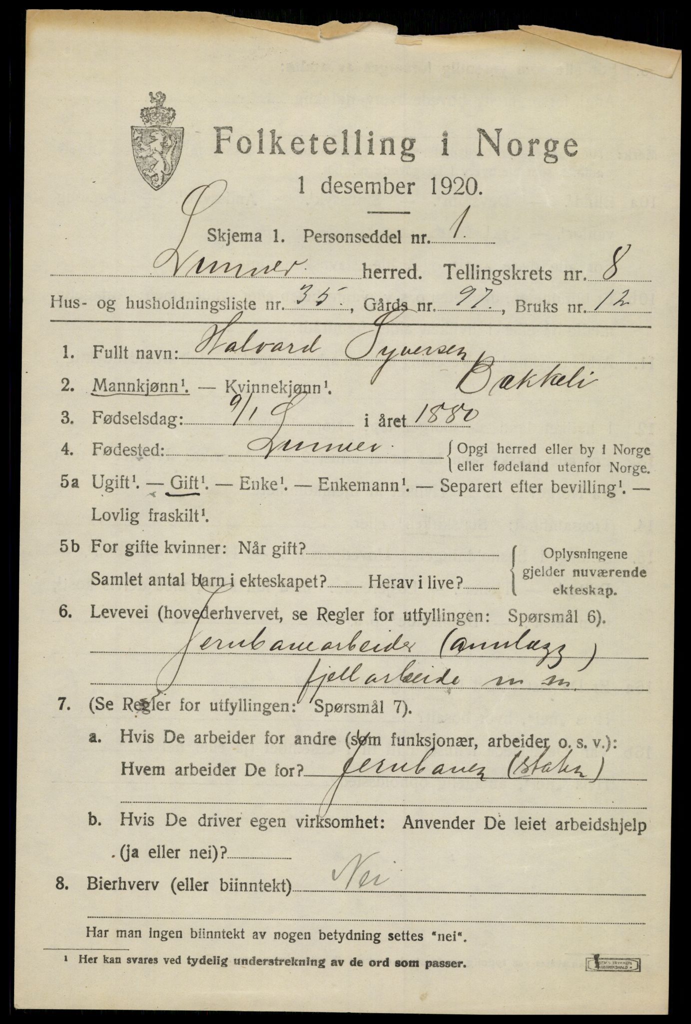 SAH, 1920 census for Lunner, 1920, p. 9447