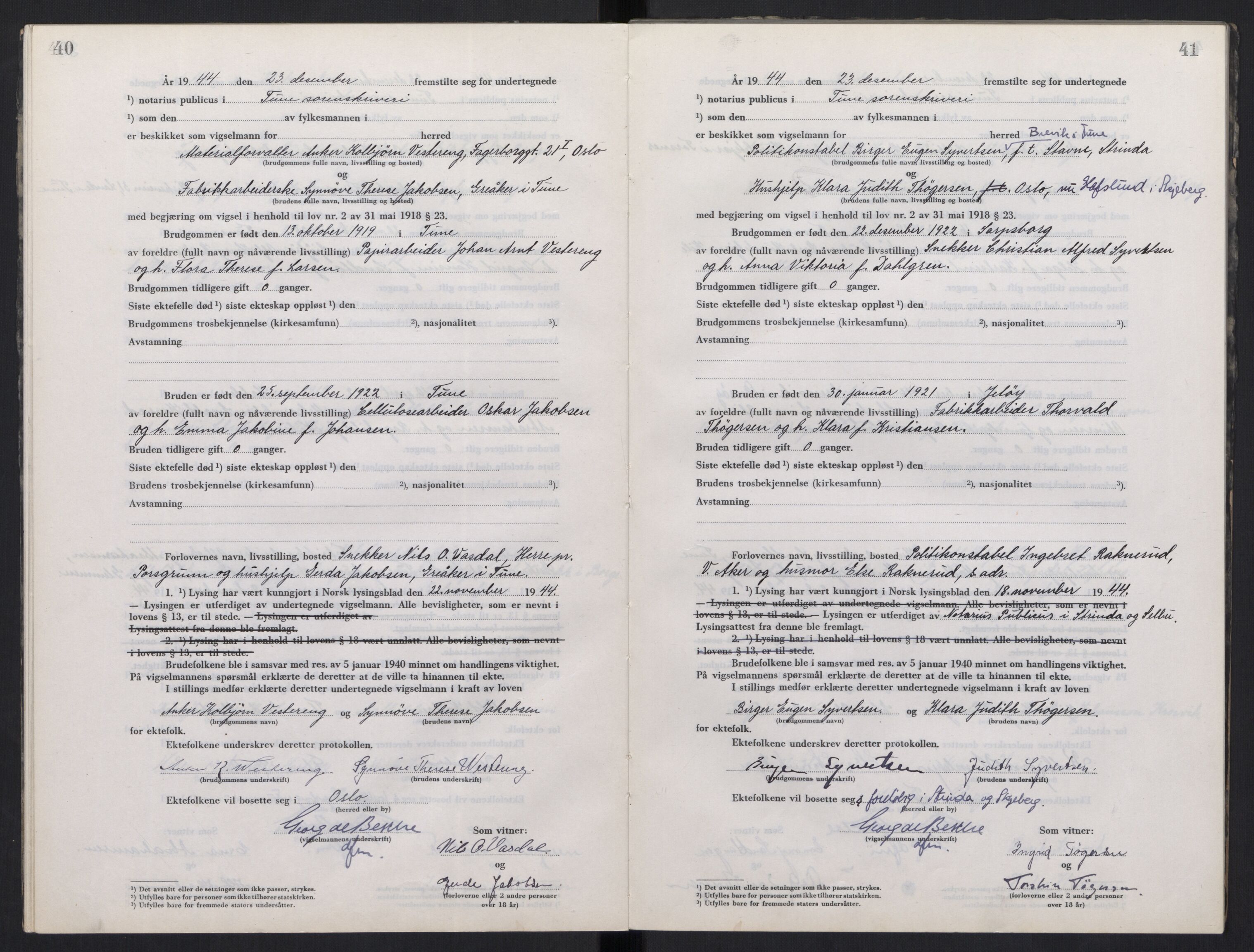Tune sorenskriveri, AV/SAO-A-10470/L/Lb/L0003: Vigselprotokoll, 1944-1951, p. 40-41