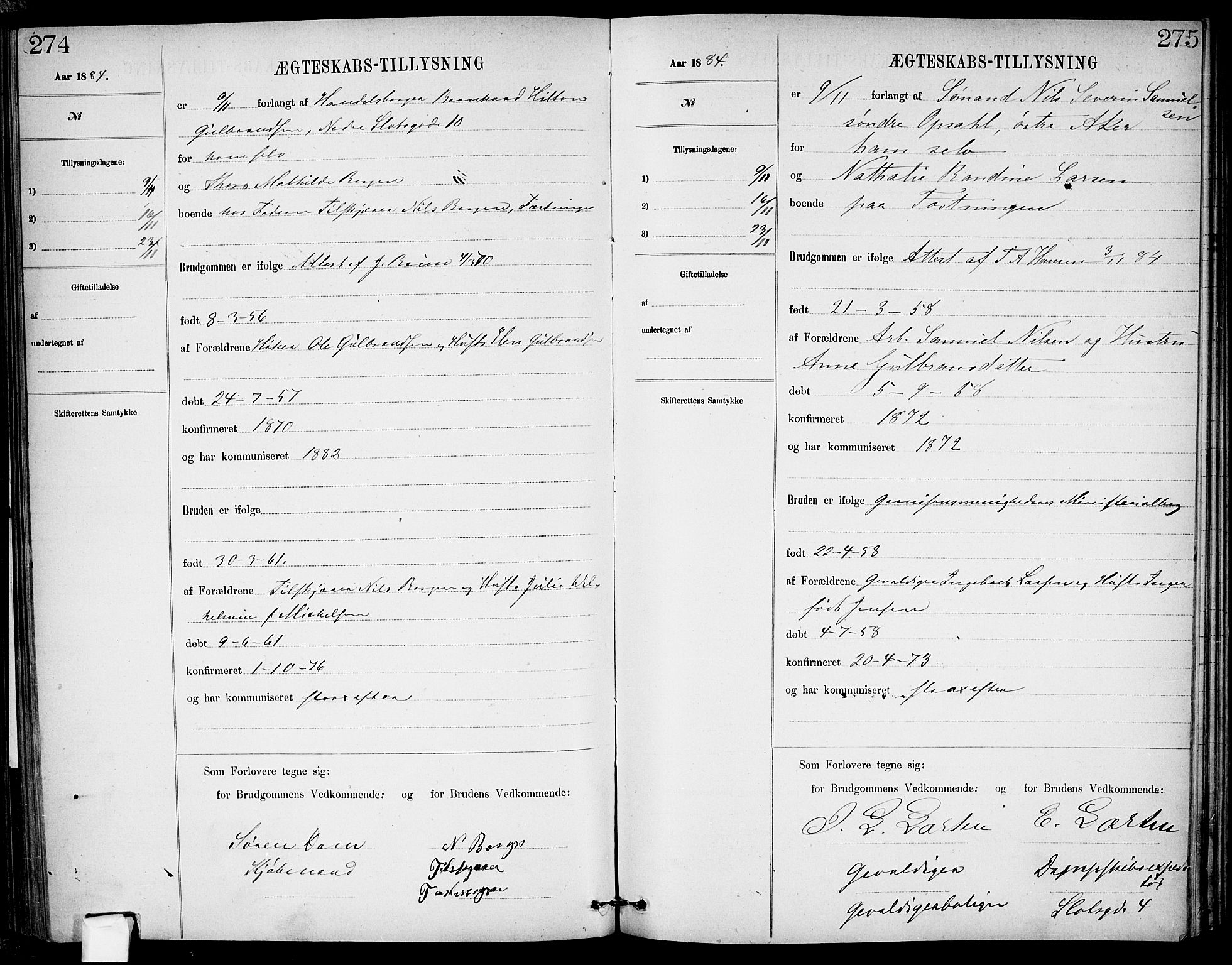 Garnisonsmenigheten Kirkebøker, AV/SAO-A-10846/H/Ha/L0007: Banns register no. I 7, 1872-1893, p. 274-275