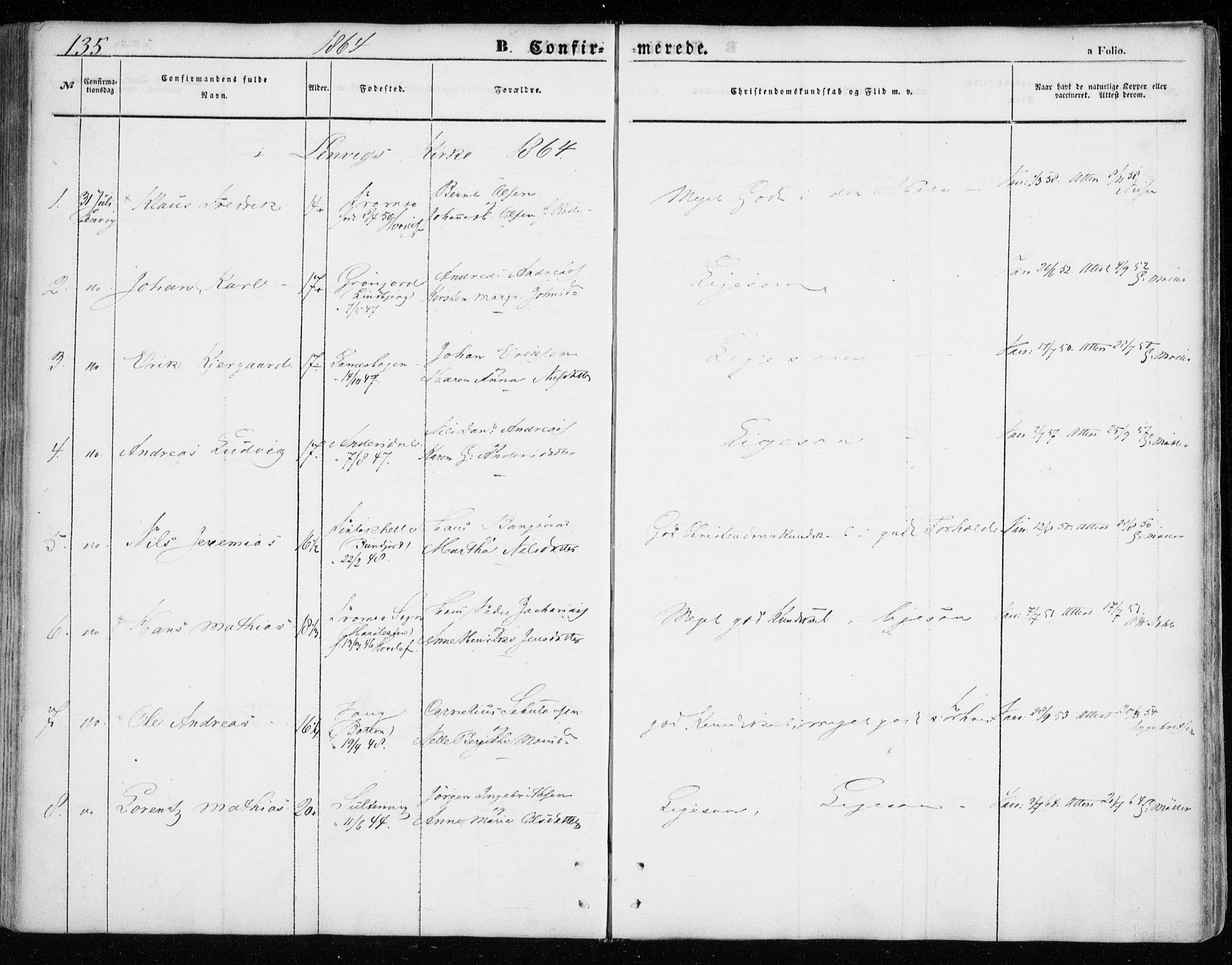 Lenvik sokneprestembete, SATØ/S-1310/H/Ha/Haa/L0007kirke: Parish register (official) no. 7, 1855-1865, p. 135