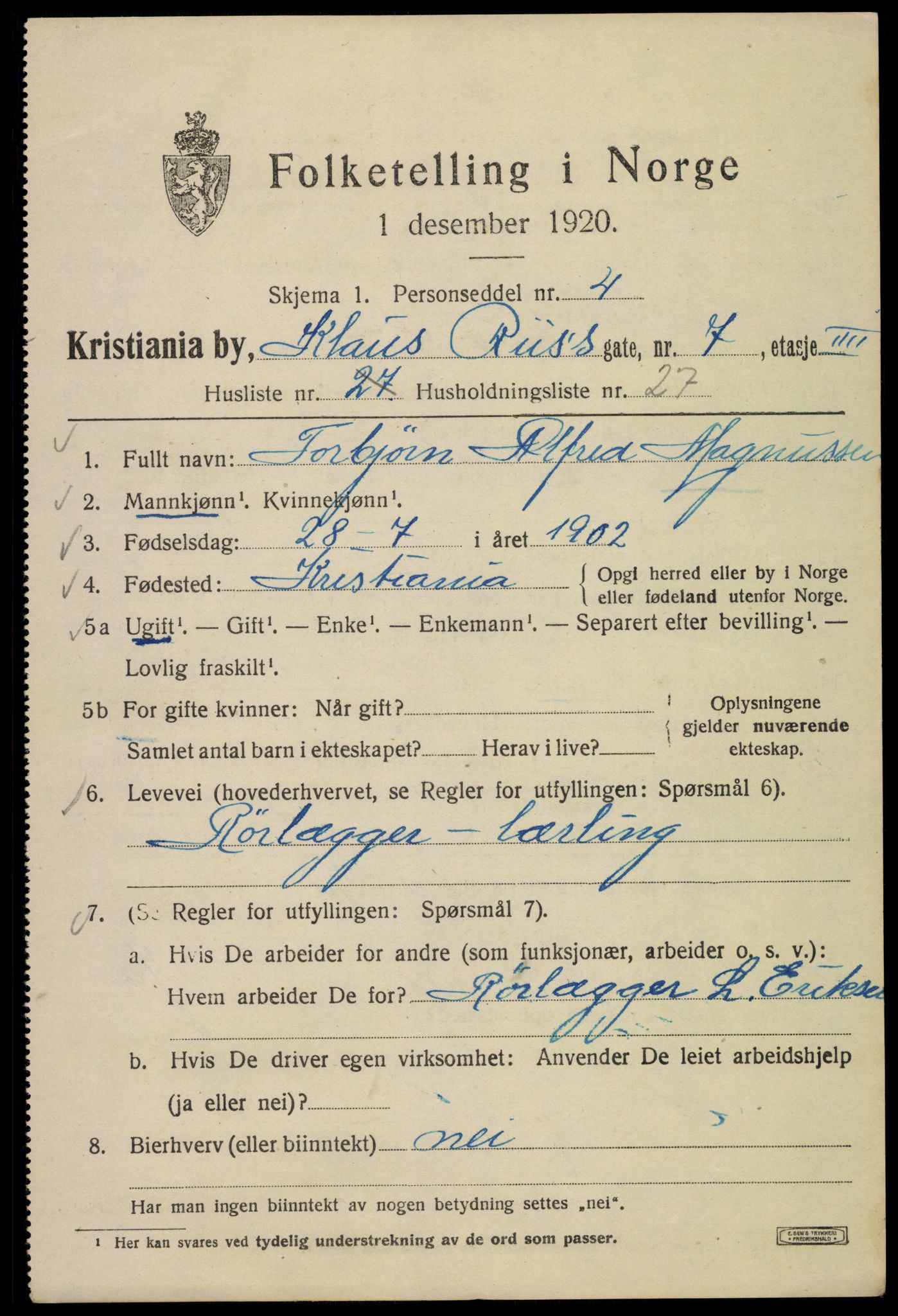 SAO, 1920 census for Kristiania, 1920, p. 187345