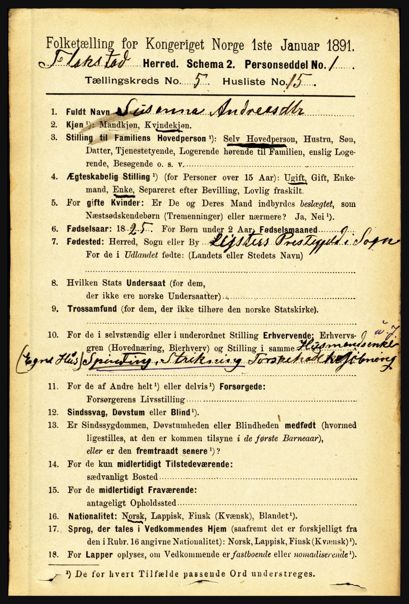 RA, 1891 census for 1859 Flakstad, 1891, p. 2579