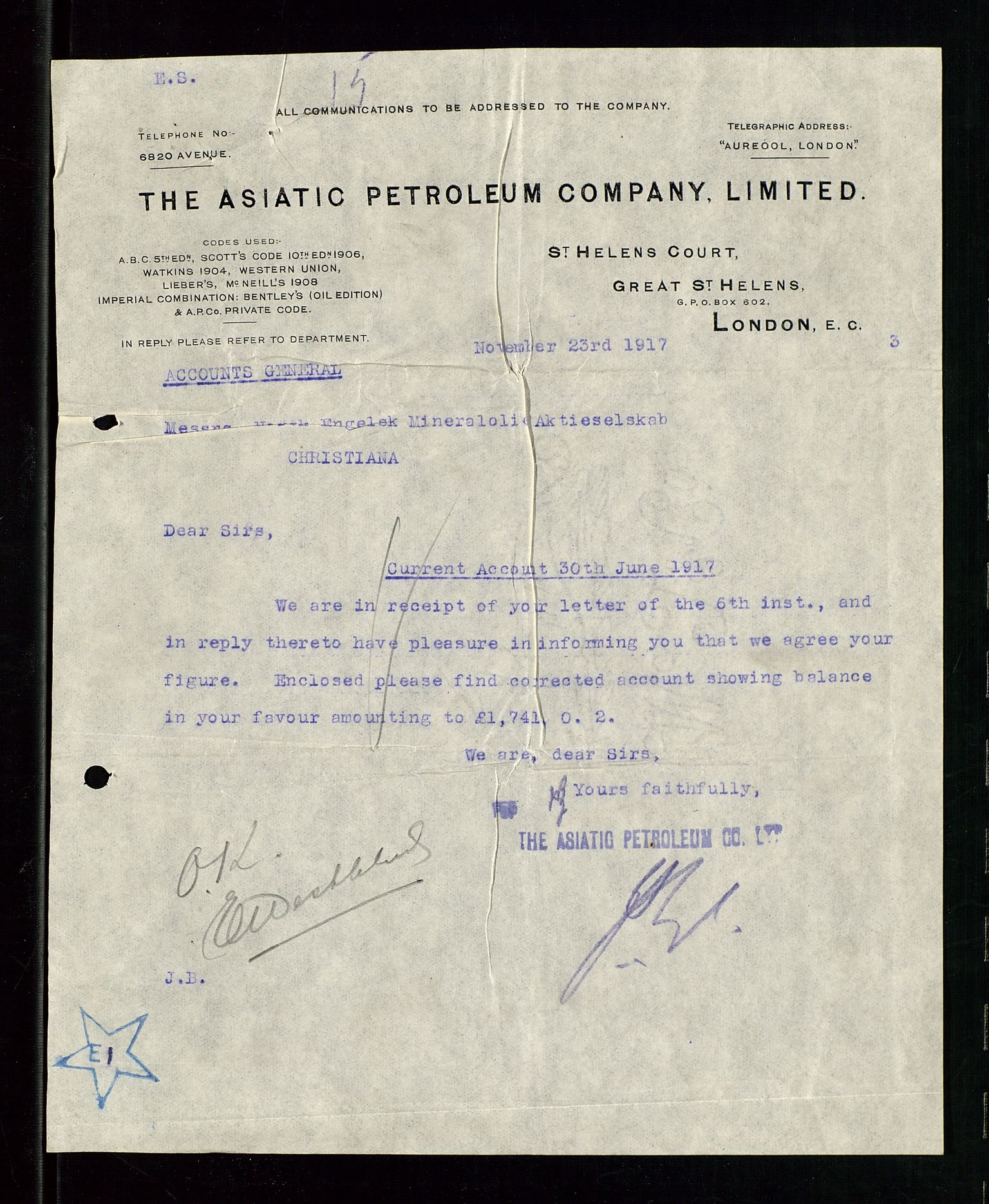 Pa 1521 - A/S Norske Shell, AV/SAST-A-101915/E/Ea/Eaa/L0001: Sjefskorrespondanse, 1917, p. 73