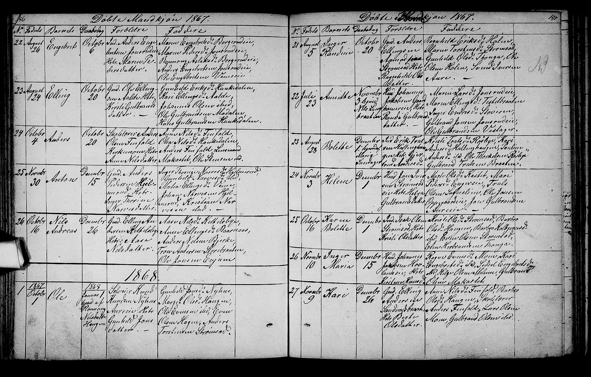 Lunder kirkebøker, SAKO/A-629/G/Ga/L0002: Parish register (copy) no. I 2, 1849-1868, p. 186-187