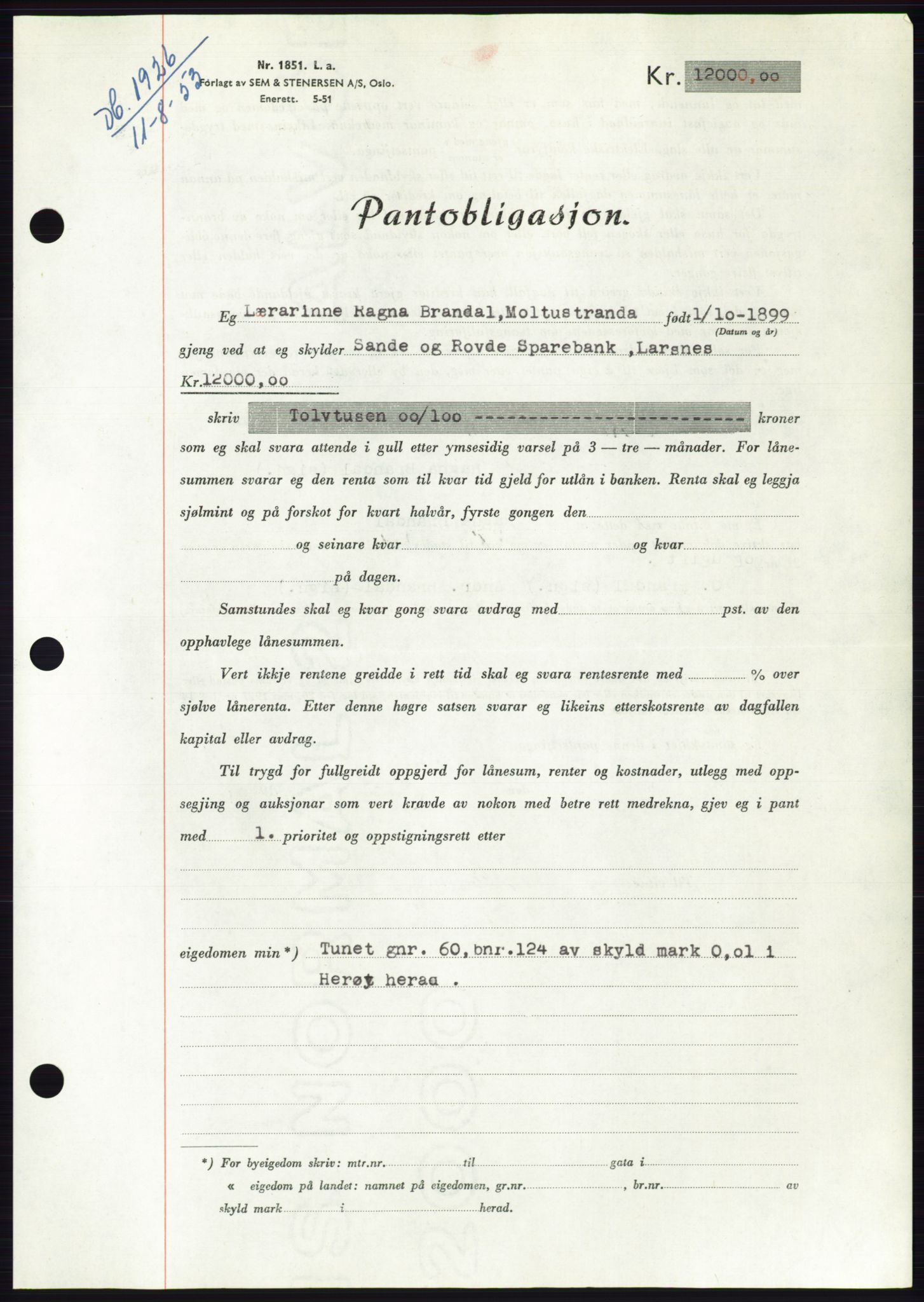 Søre Sunnmøre sorenskriveri, AV/SAT-A-4122/1/2/2C/L0123: Mortgage book no. 11B, 1953-1953, Diary no: : 1926/1953