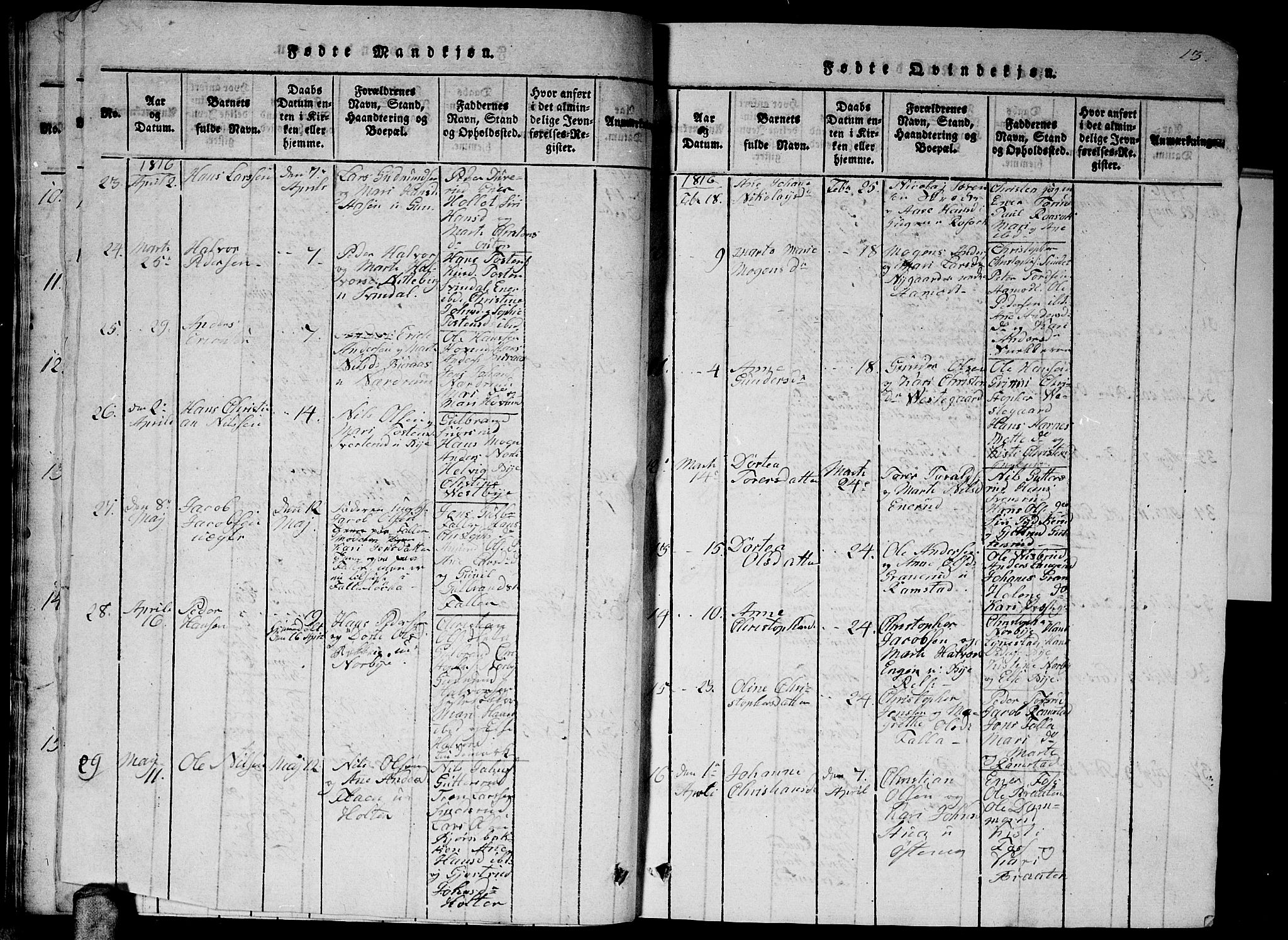 Fet prestekontor Kirkebøker, AV/SAO-A-10370a/G/Ga/L0001: Parish register (copy) no. I 1, 1815-1842, p. 13