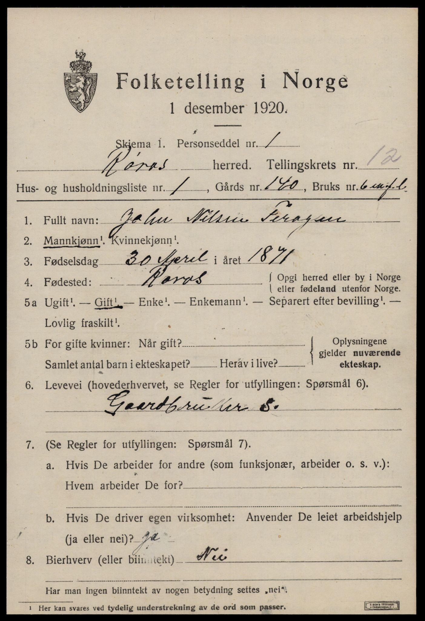 SAT, 1920 census for Røros, 1920, p. 8898