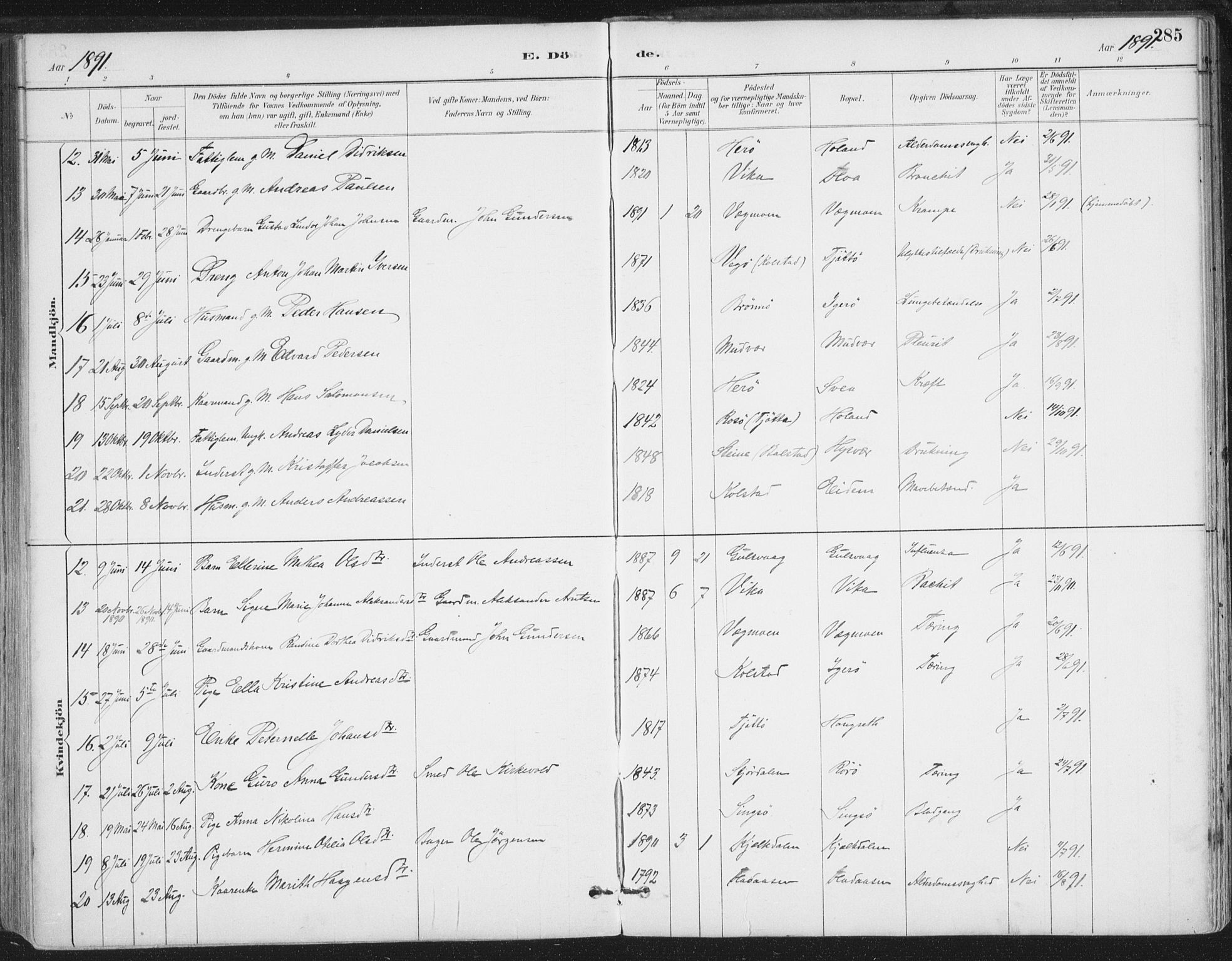 Ministerialprotokoller, klokkerbøker og fødselsregistre - Nordland, AV/SAT-A-1459/816/L0244: Parish register (official) no. 816A10, 1886-1903, p. 285