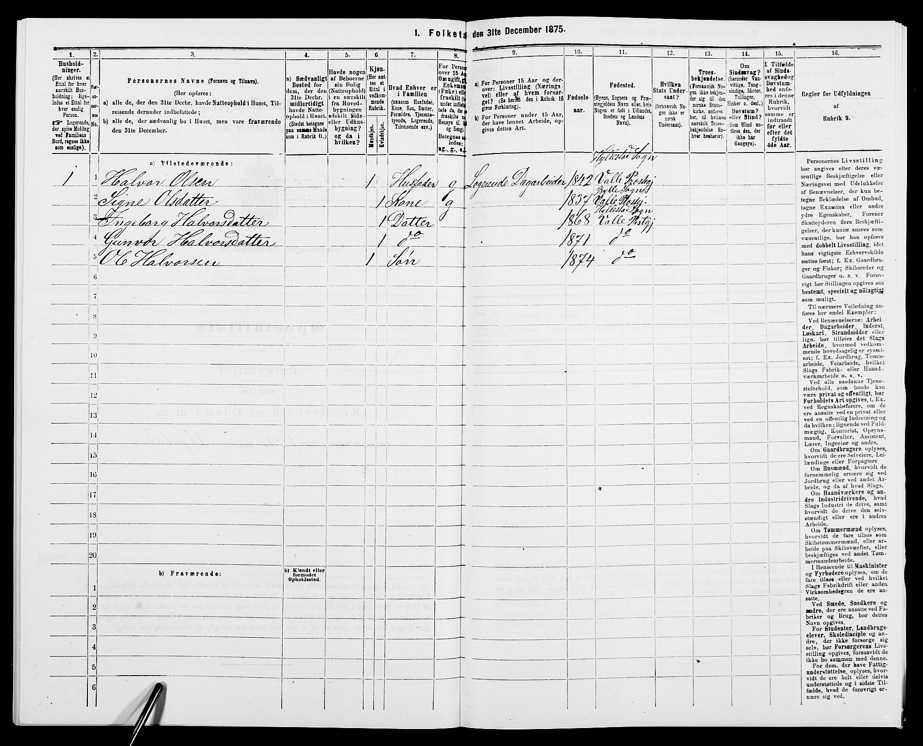 SAK, 1875 census for 0940P Valle, 1875, p. 174