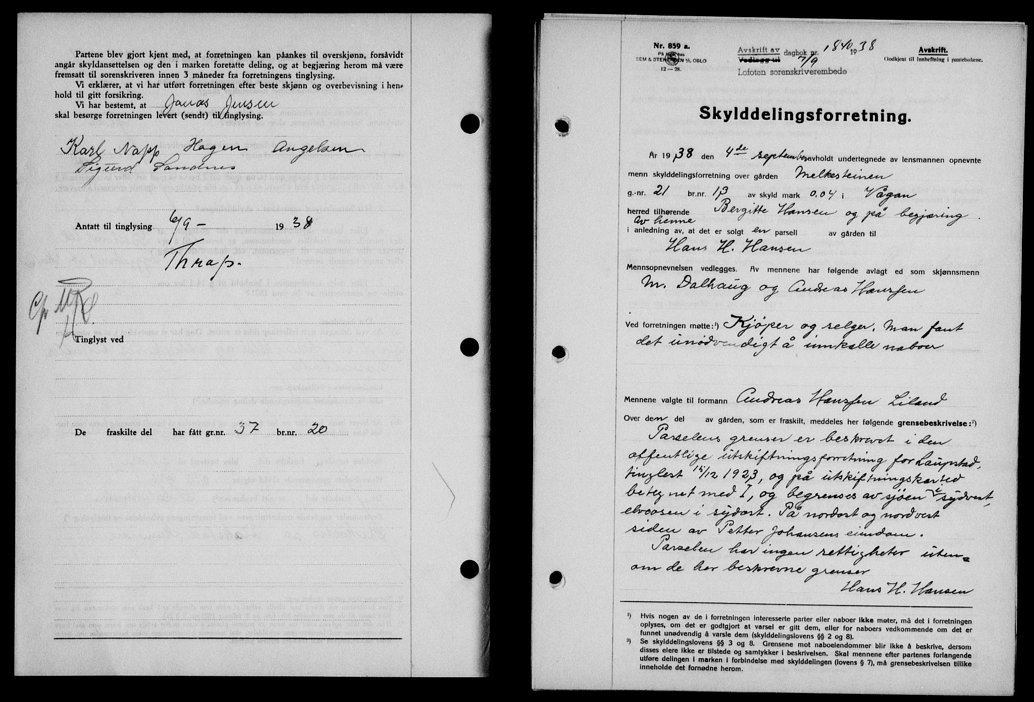 Lofoten sorenskriveri, SAT/A-0017/1/2/2C/L0004a: Mortgage book no. 4a, 1938-1938, Diary no: : 1840/1938