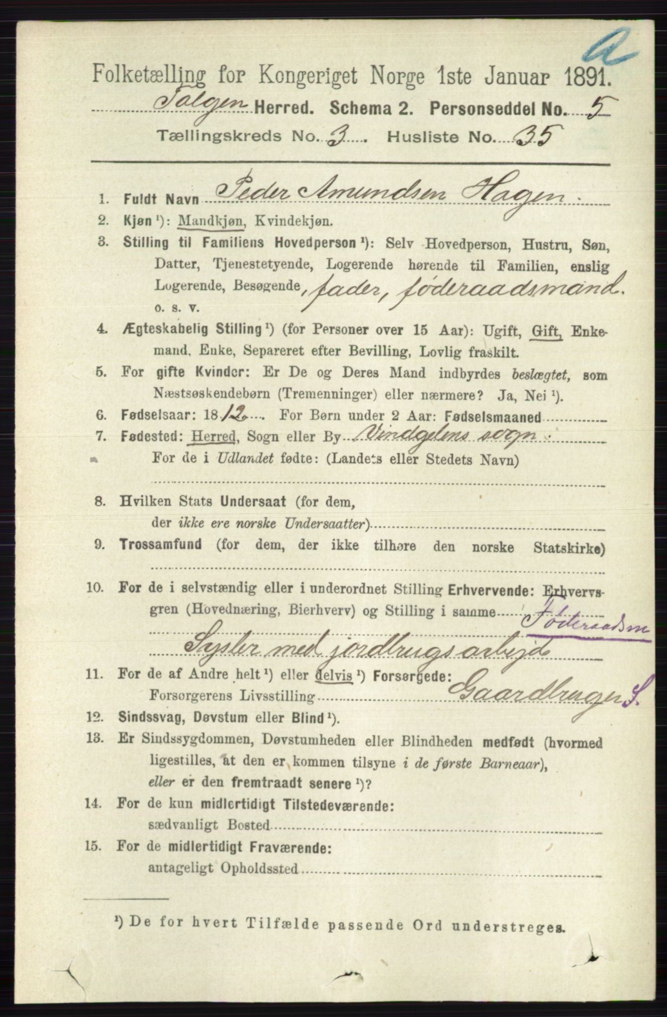 RA, 1891 census for 0436 Tolga, 1891, p. 809