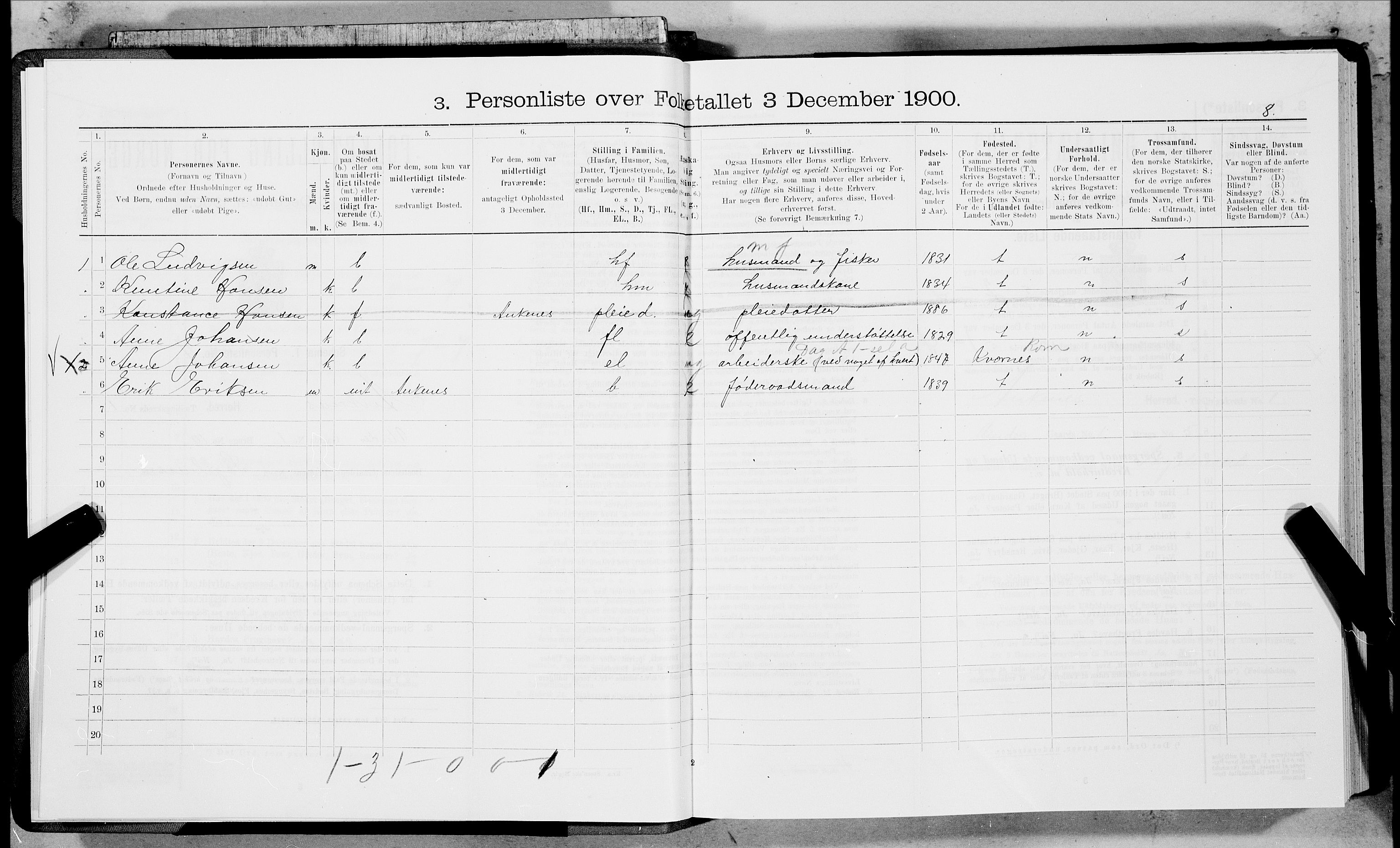 SAT, 1900 census for Ankenes, 1900, p. 8