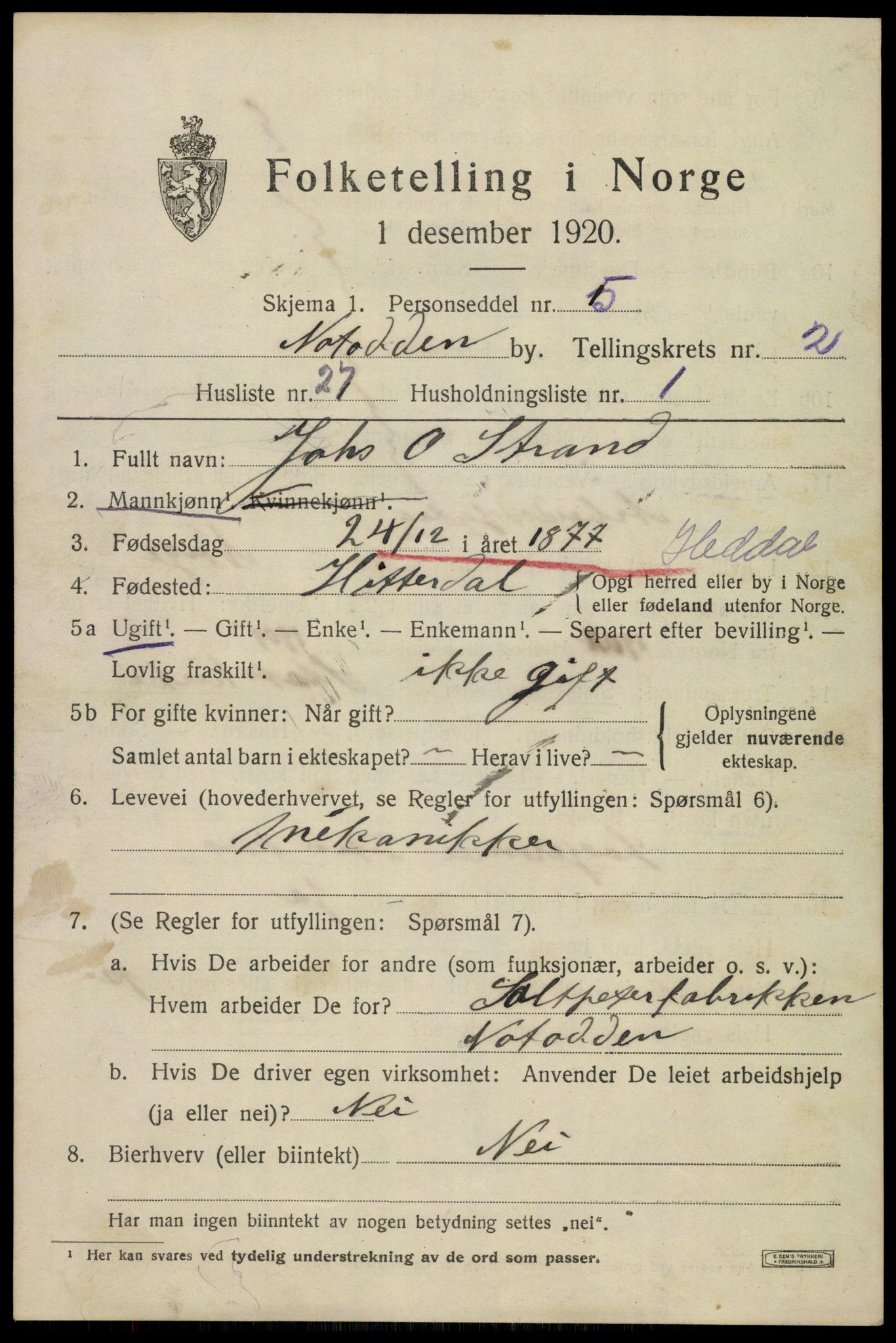 SAKO, 1920 census for Notodden, 1920, p. 6914