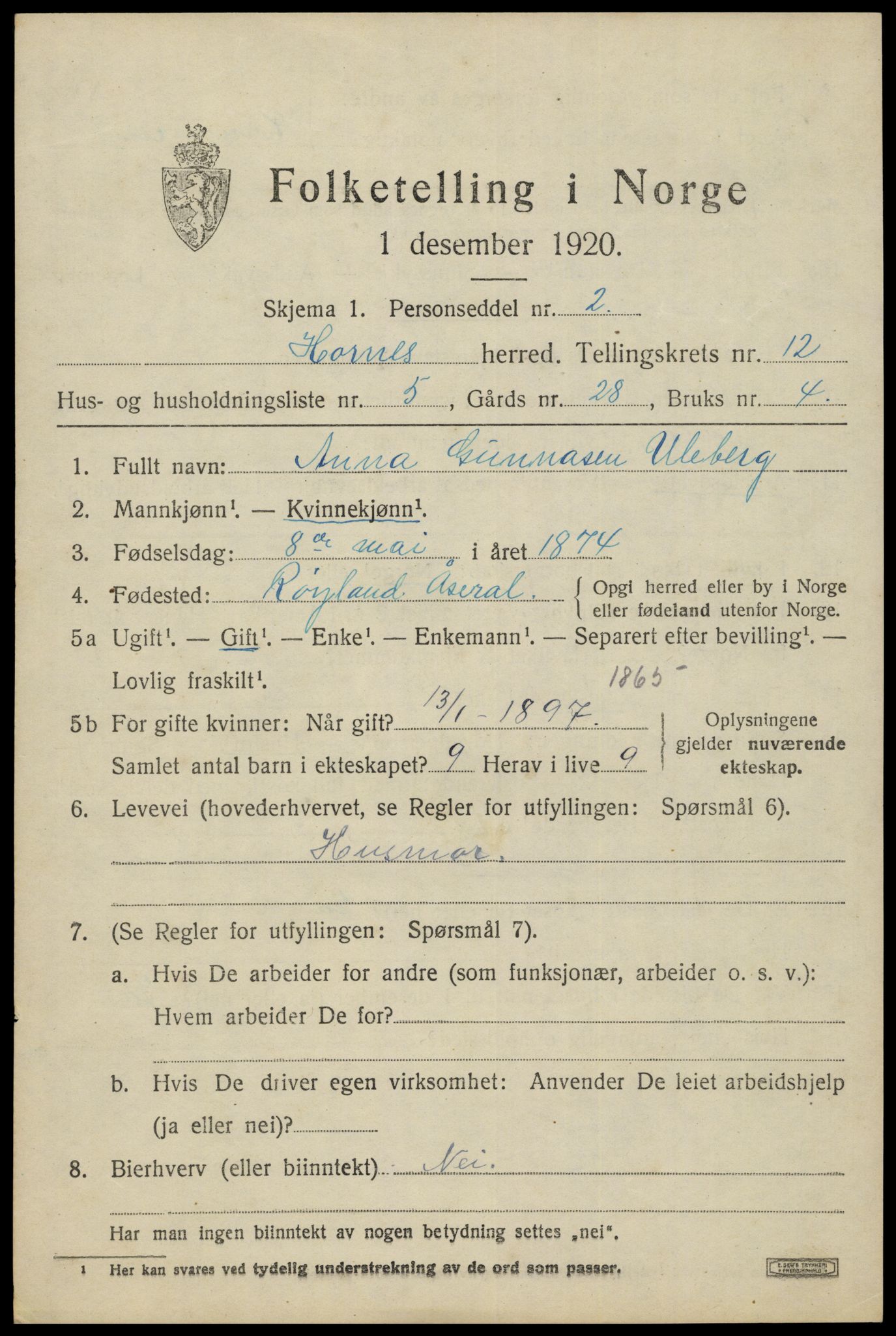 SAK, 1920 census for Hornnes, 1920, p. 2921