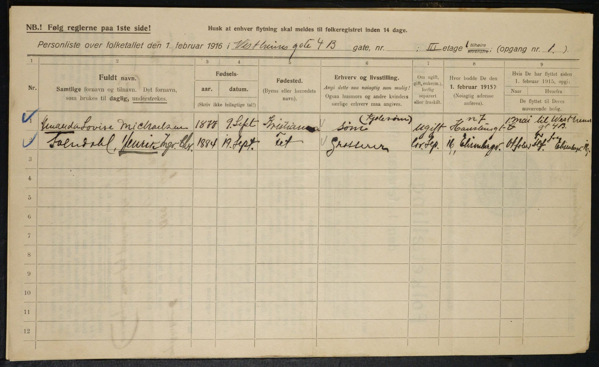 OBA, Municipal Census 1916 for Kristiania, 1916, p. 126199