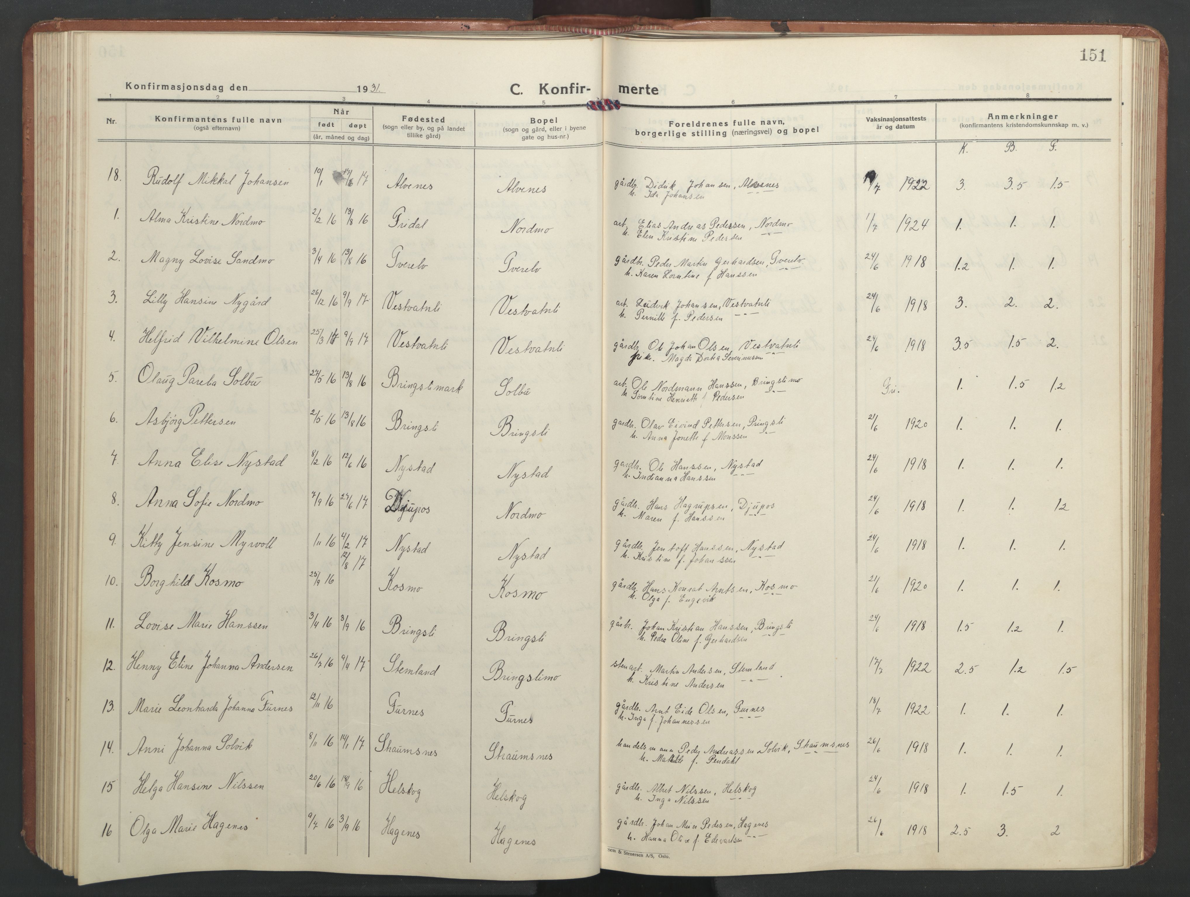 Ministerialprotokoller, klokkerbøker og fødselsregistre - Nordland, AV/SAT-A-1459/851/L0727: Parish register (copy) no. 851C02, 1925-1948, p. 151