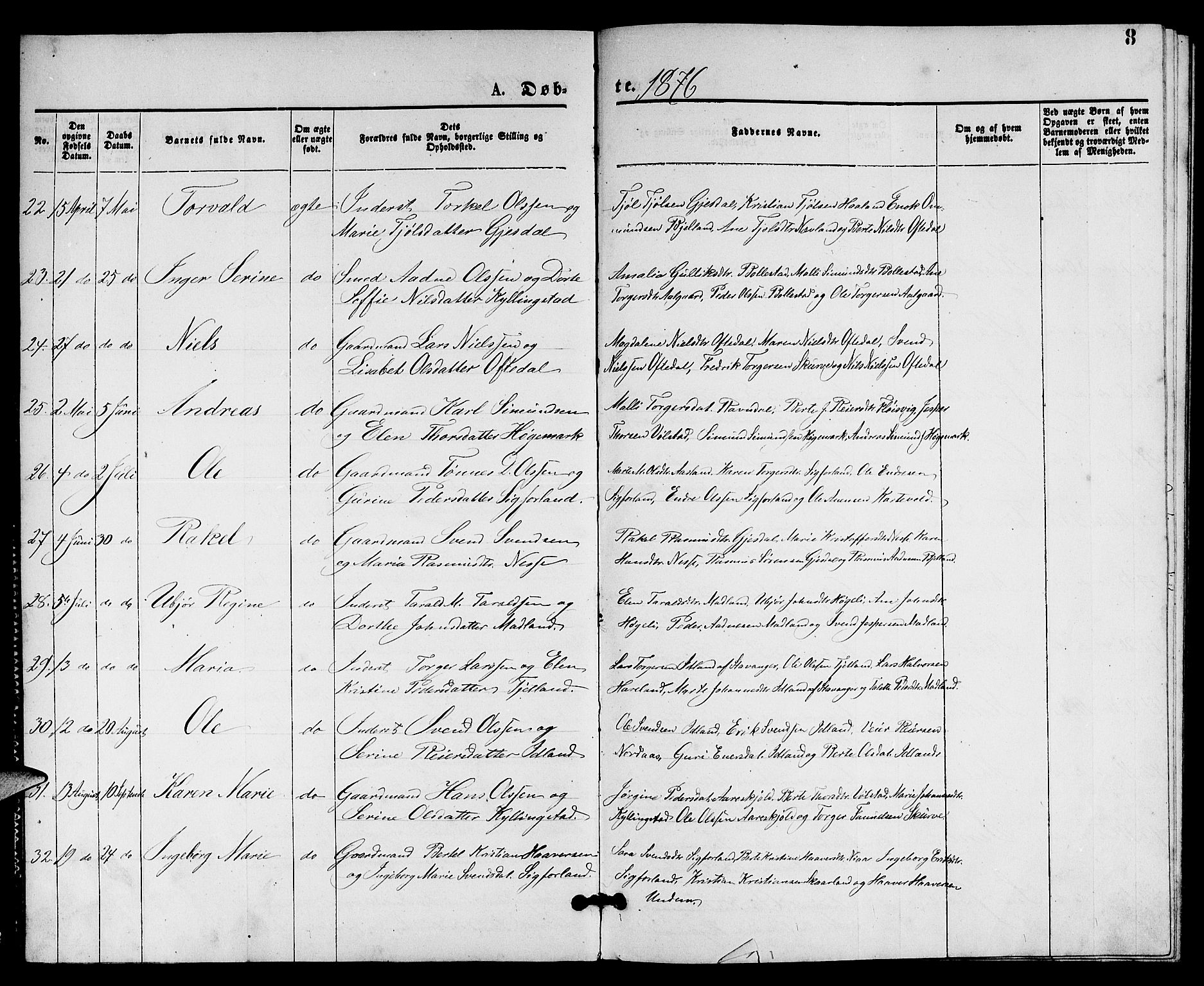 Lye sokneprestkontor, AV/SAST-A-101794/001/30BB/L0005: Parish register (copy) no. B 5, 1875-1886, p. 8