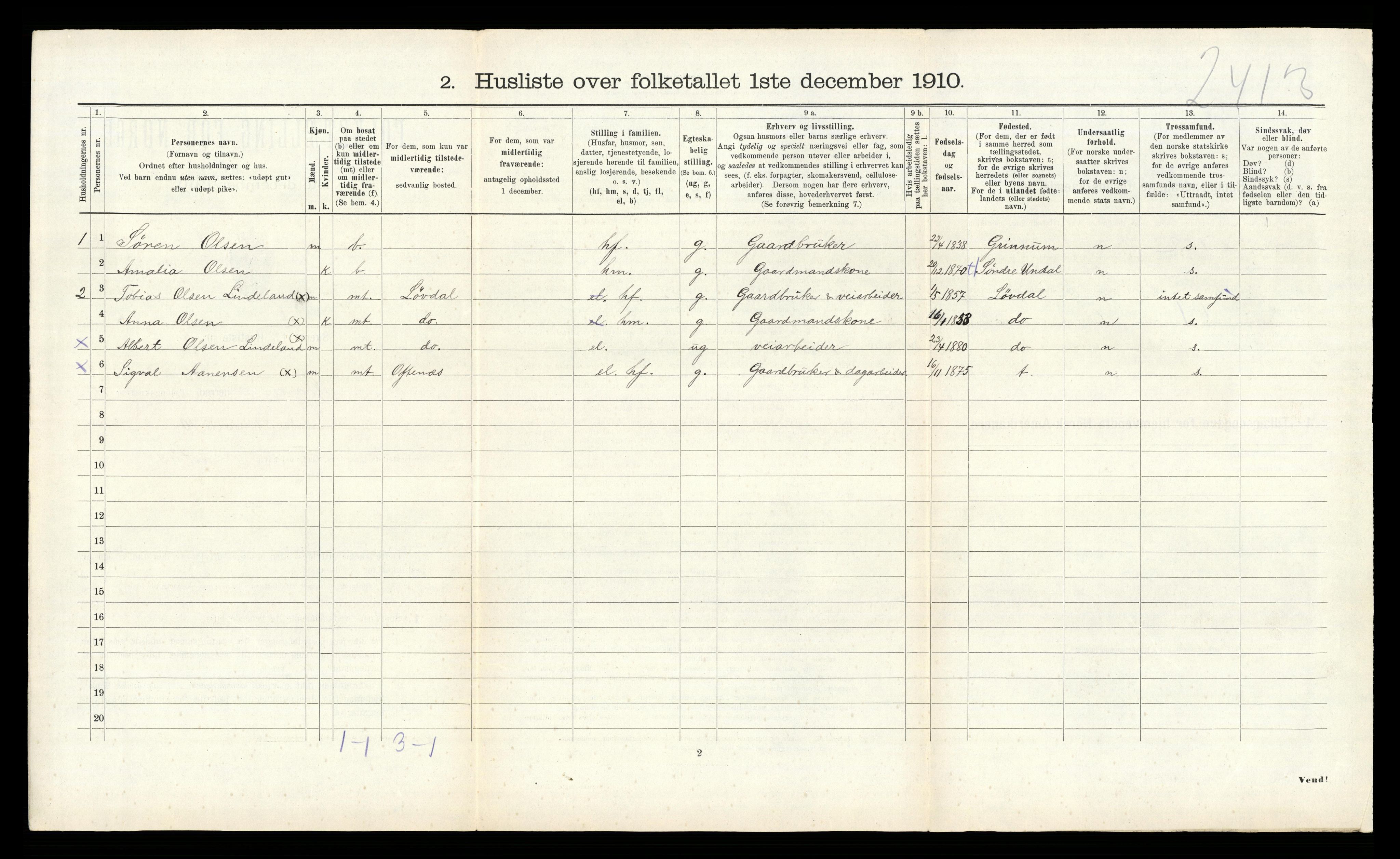 RA, 1910 census for Søgne, 1910, p. 1079