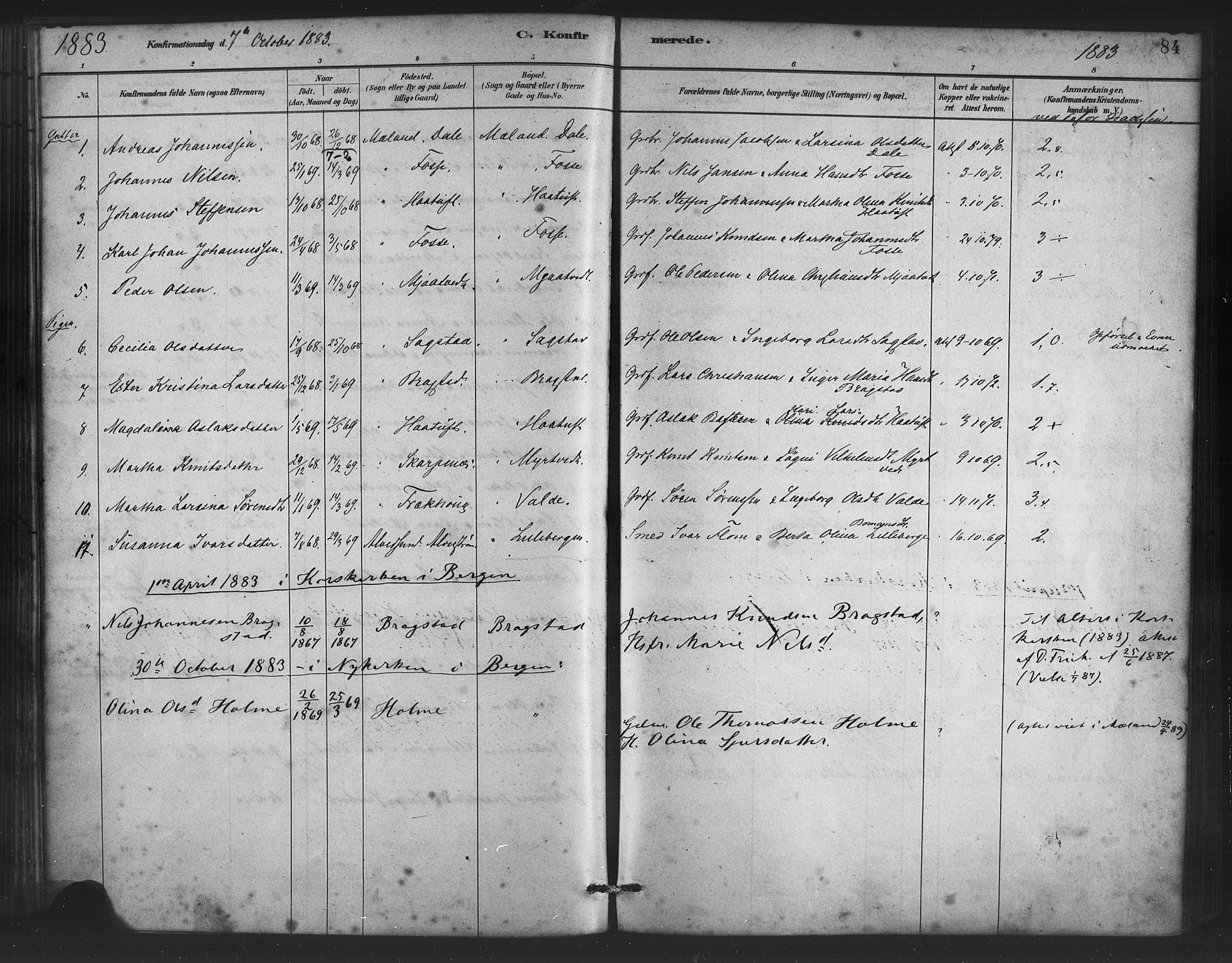 Alversund Sokneprestembete, SAB/A-73901/H/Ha/Haa/Haac/L0001: Parish register (official) no. C 1, 1882-1900, p. 84