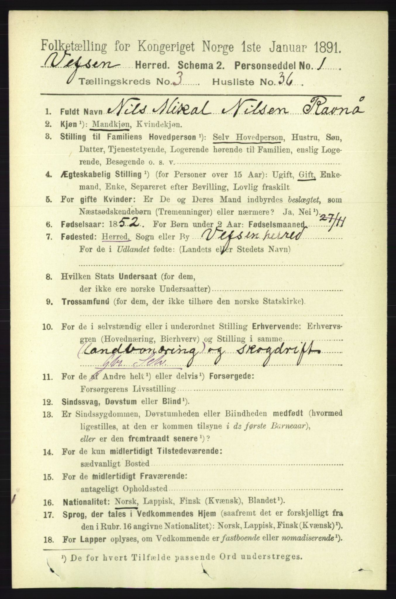 RA, 1891 census for 1824 Vefsn, 1891, p. 1527