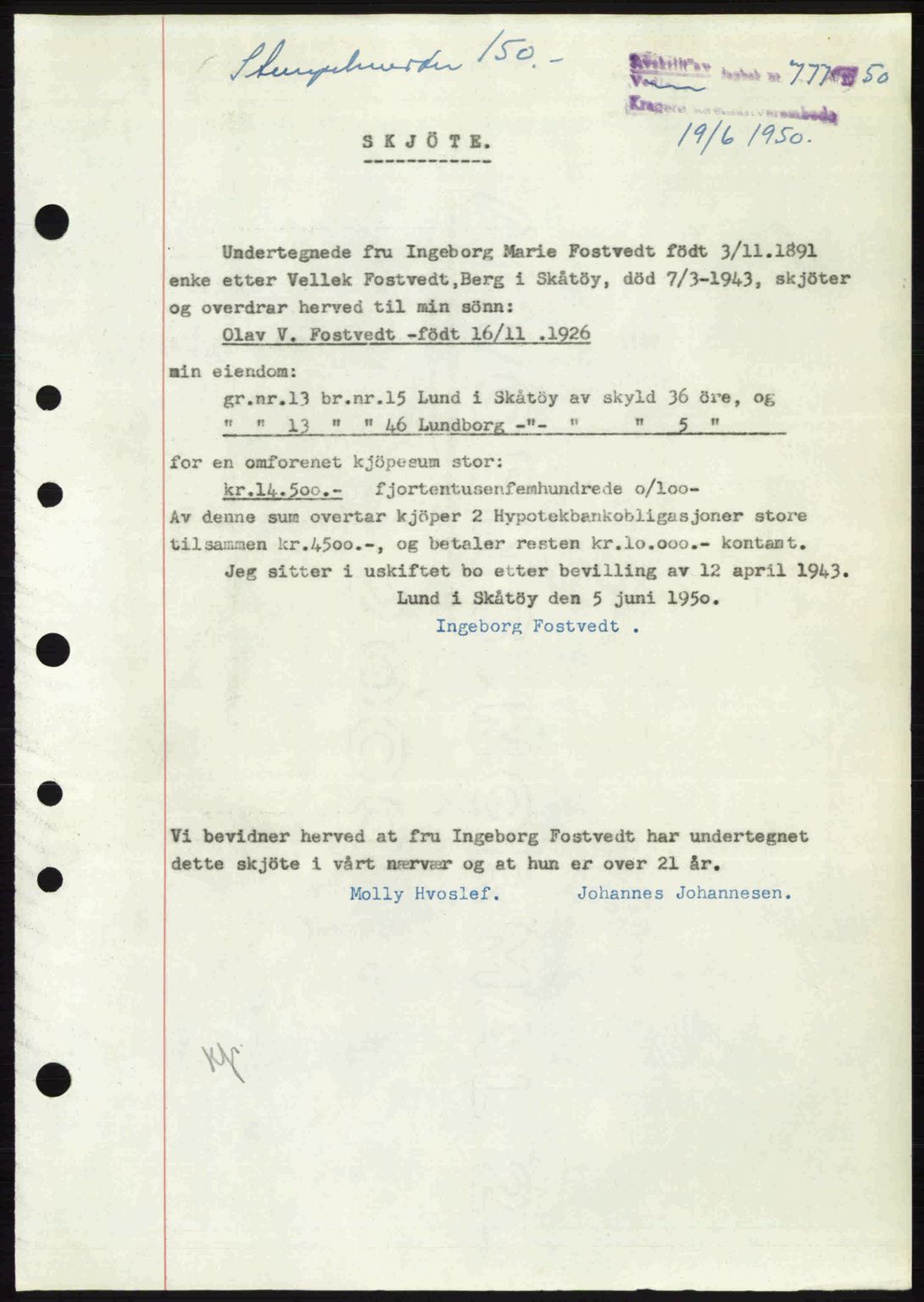 Kragerø sorenskriveri, AV/SAKO-A-65/G/Ga/Gac/L0003: Mortgage book no. A-3, 1949-1950, Diary no: : 777/1950