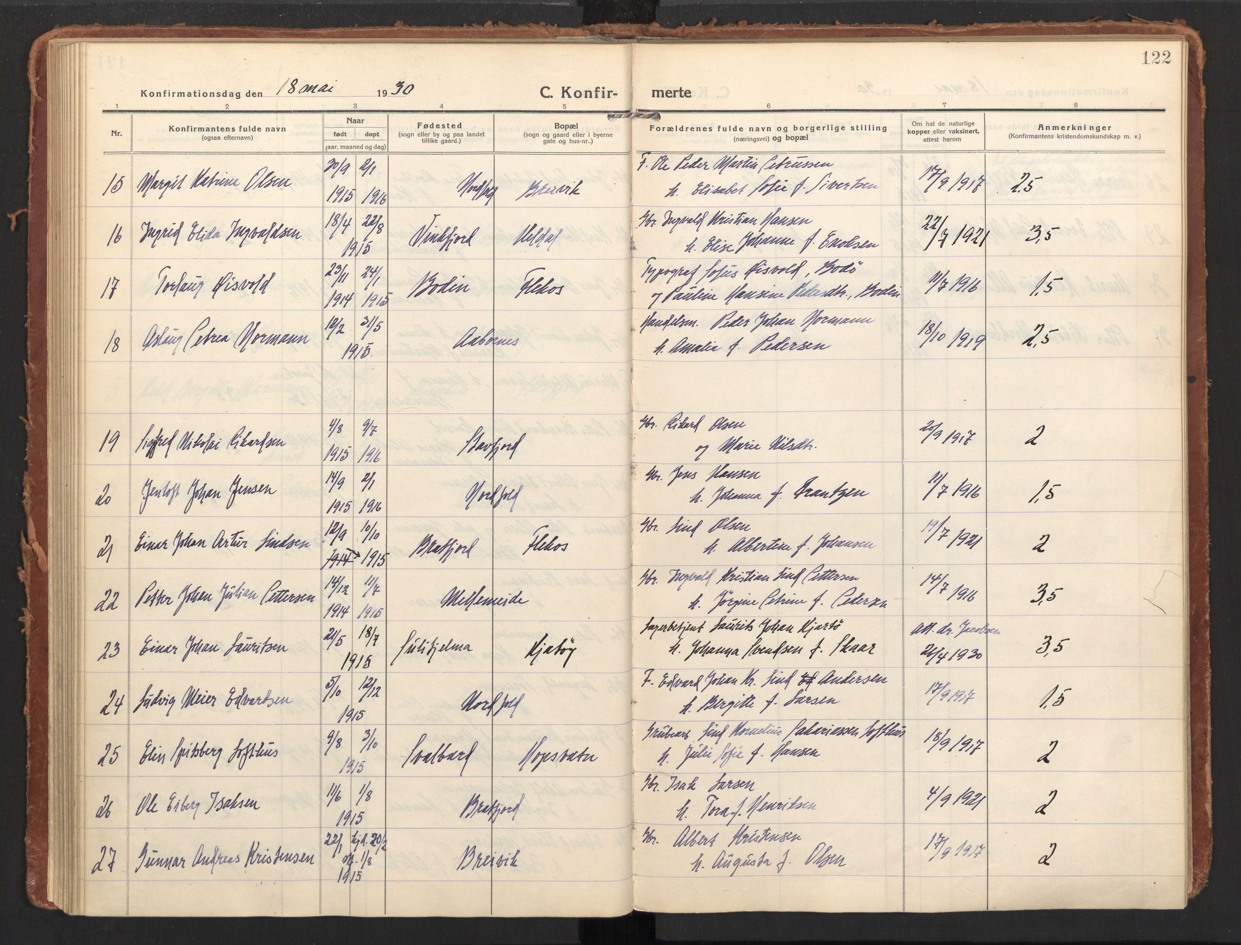 Ministerialprotokoller, klokkerbøker og fødselsregistre - Nordland, AV/SAT-A-1459/858/L0833: Parish register (official) no. 858A03, 1916-1934, p. 122