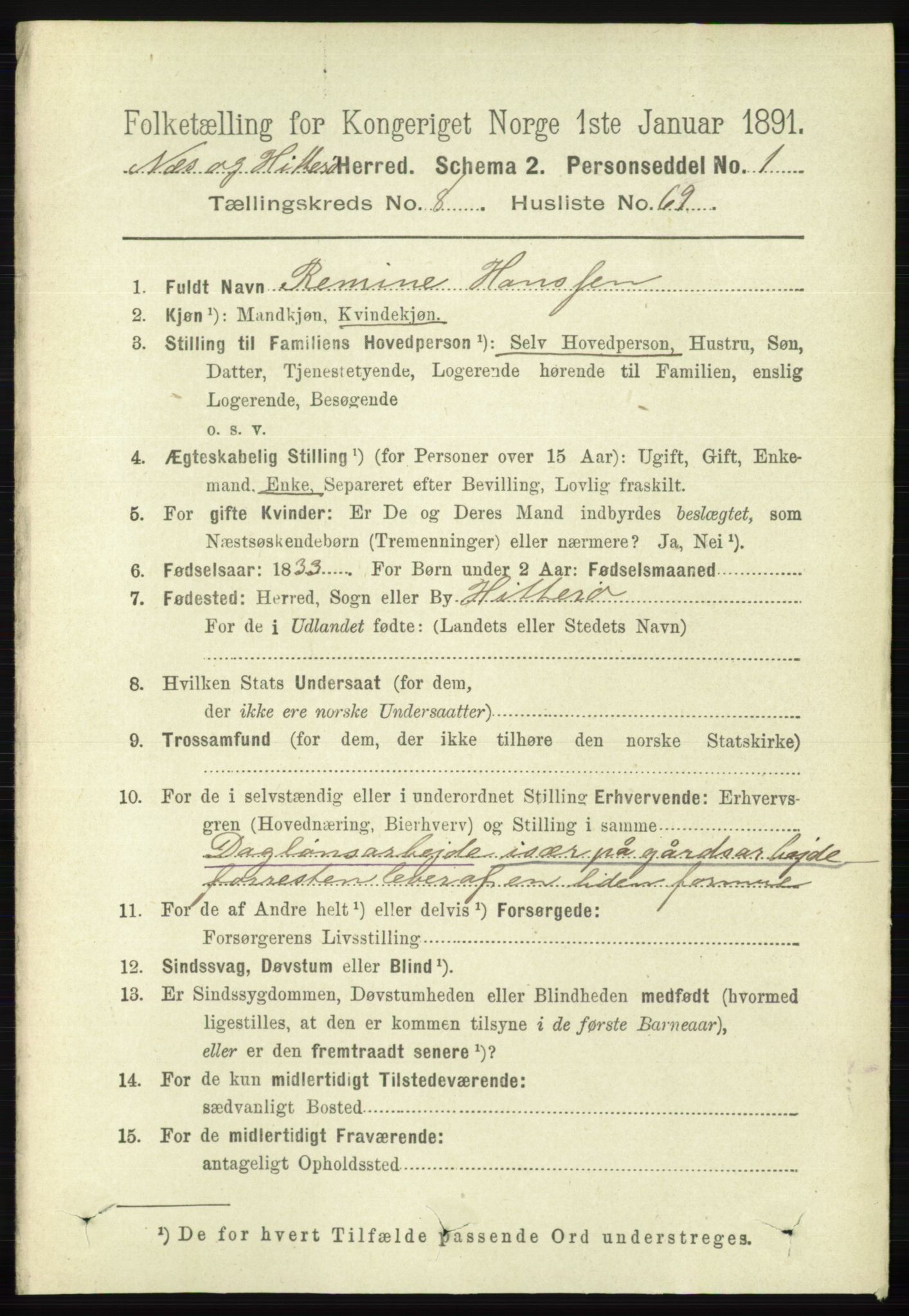 RA, 1891 census for 1043 Hidra og Nes, 1891, p. 3682