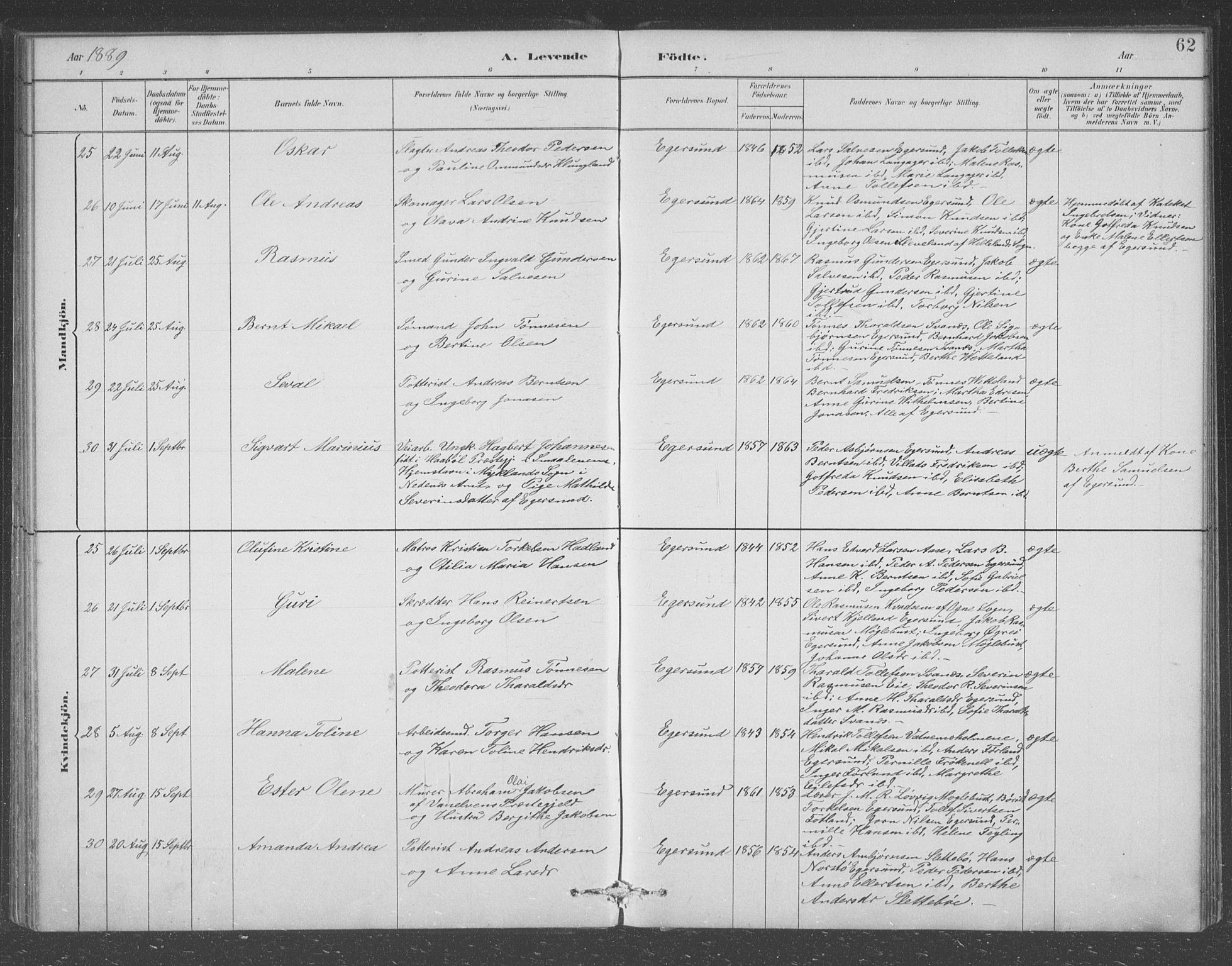 Eigersund sokneprestkontor, AV/SAST-A-101807/S09/L0008: Parish register (copy) no. B 8, 1882-1892, p. 62