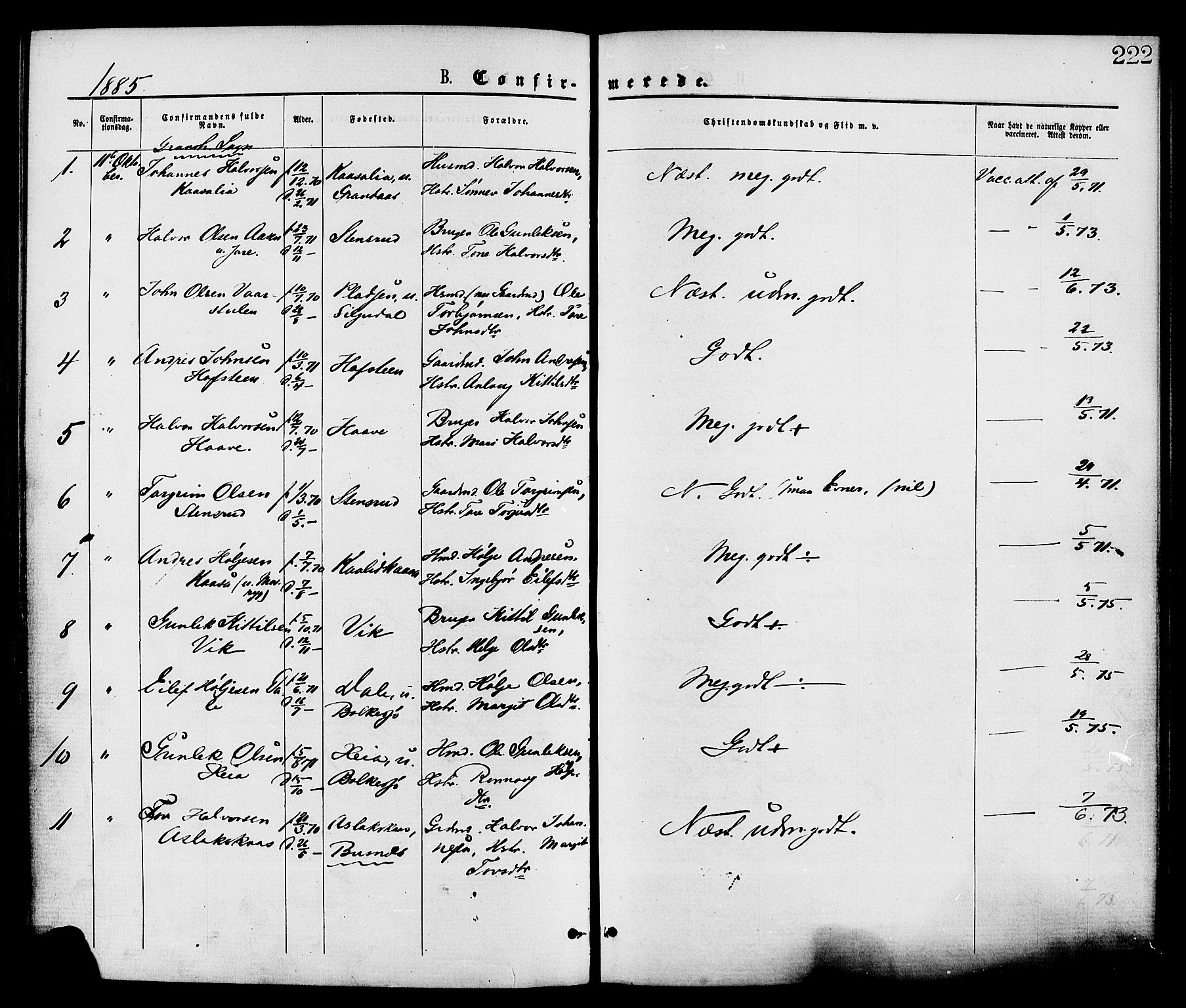 Gransherad kirkebøker, AV/SAKO-A-267/F/Fa/L0004: Parish register (official) no. I 4, 1871-1886, p. 222