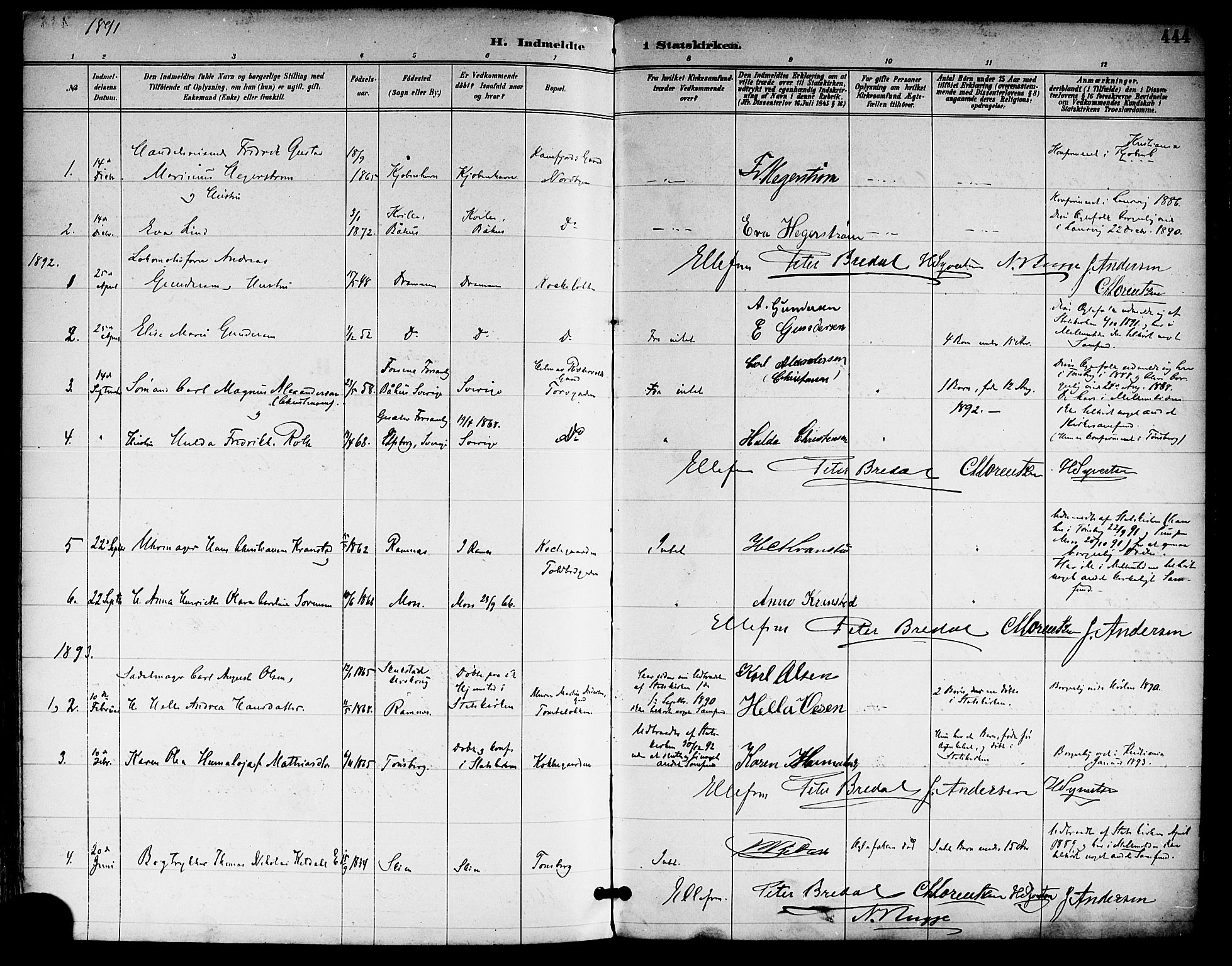 Tønsberg kirkebøker, AV/SAKO-A-330/F/Fa/L0012: Parish register (official) no. I 12, 1891-1899, p. 444