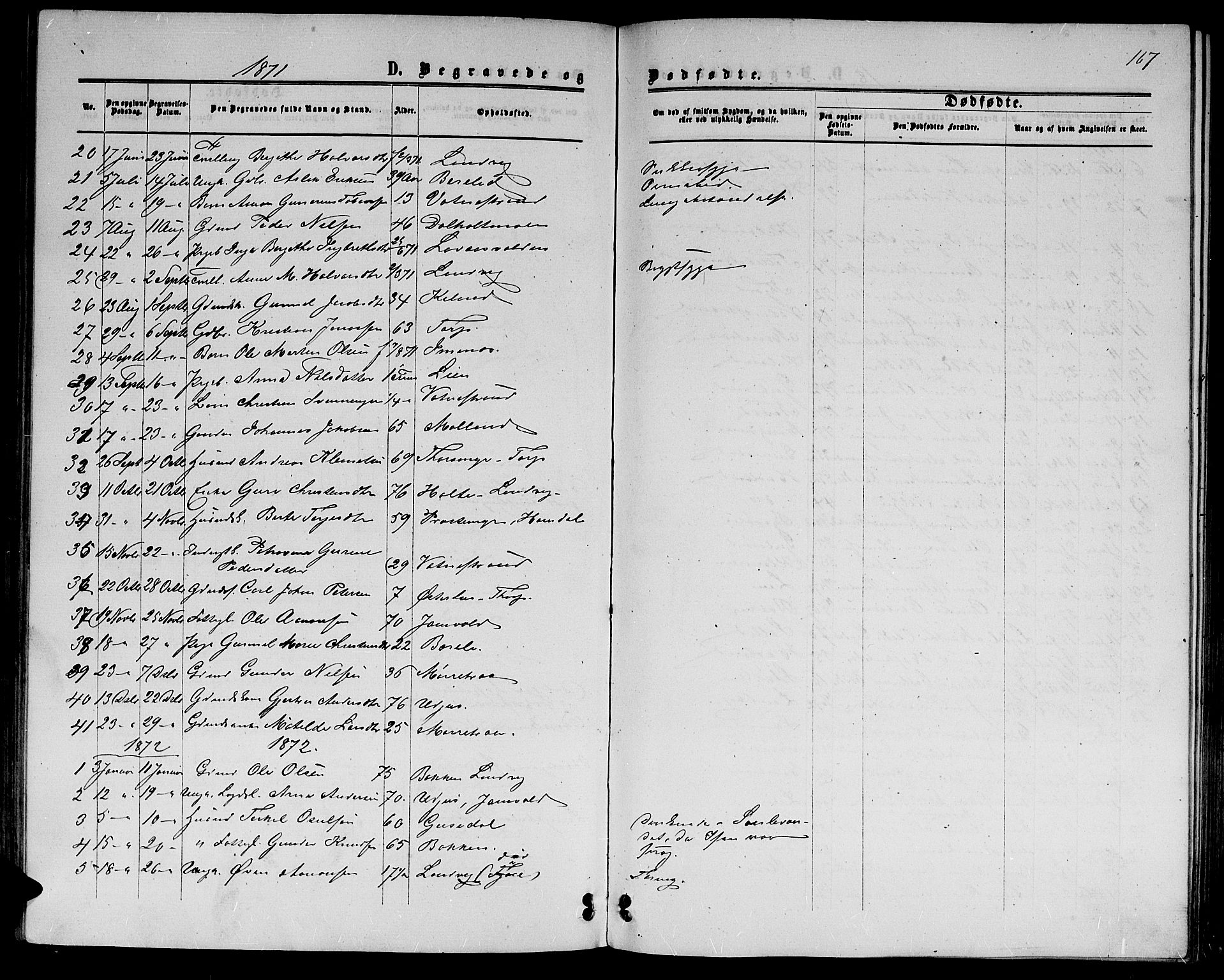 Hommedal sokneprestkontor, SAK/1111-0023/F/Fb/Fbb/L0006: Parish register (copy) no. B 6, 1869-1884, p. 167
