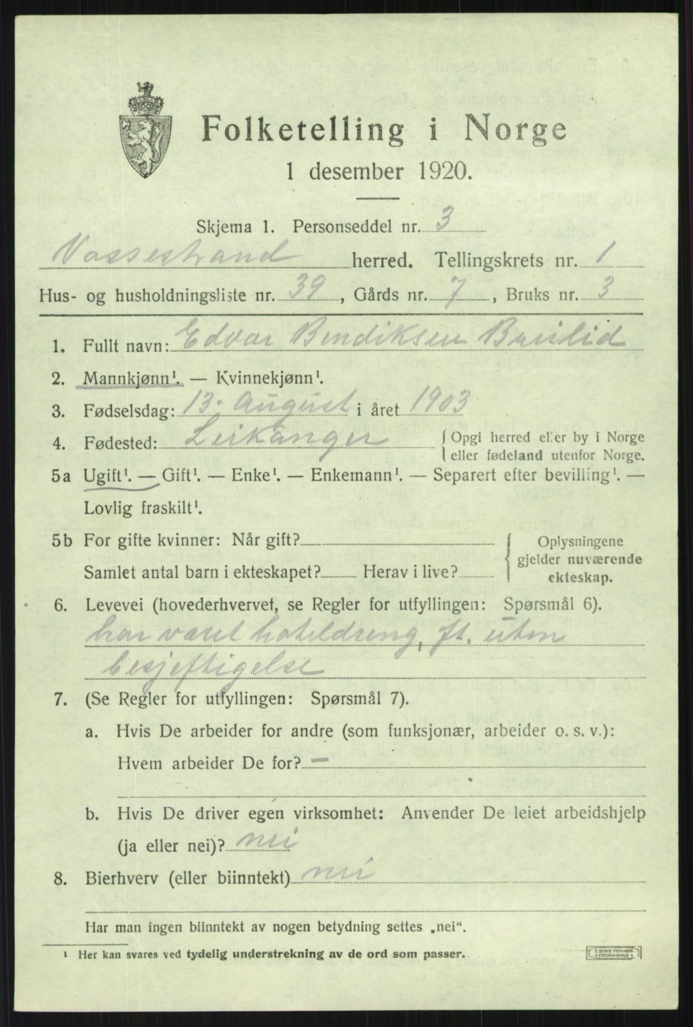 SAB, 1920 census for Vossestrand, 1920, p. 1100