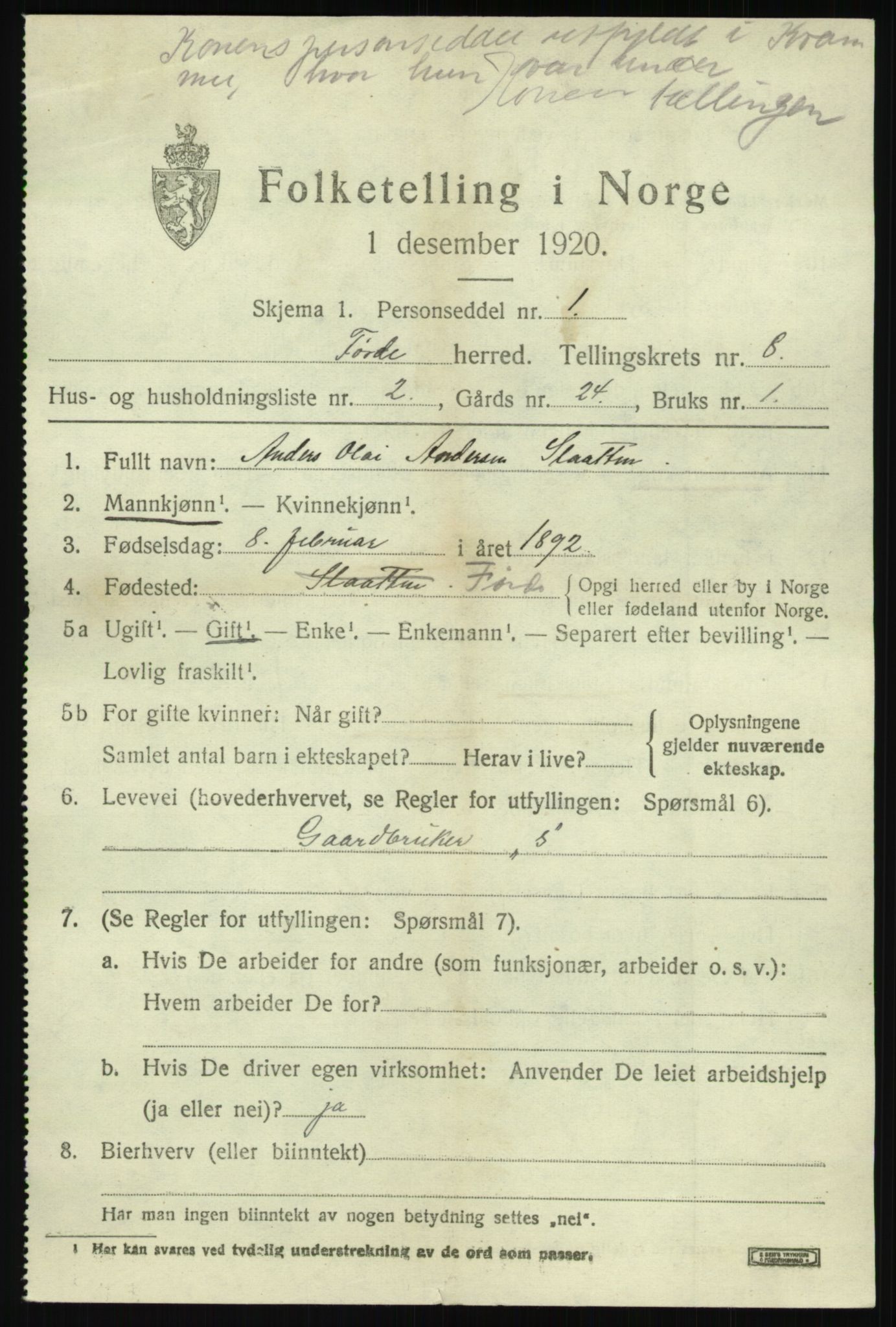 SAB, 1920 census for Førde, 1920, p. 3178