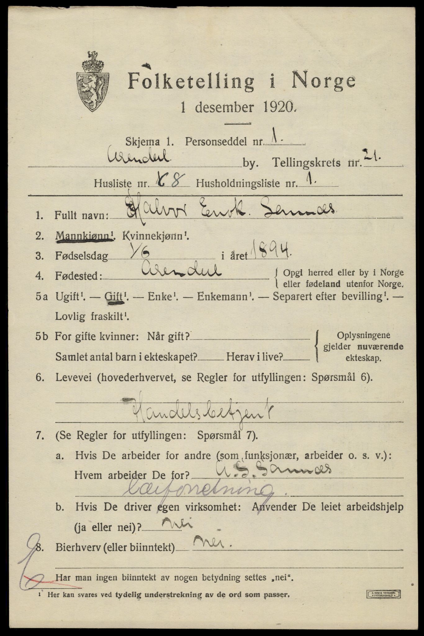 SAK, 1920 census for Arendal, 1920, p. 28114