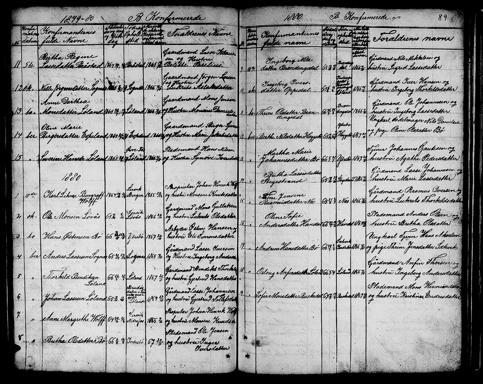 Hyllestad sokneprestembete, SAB/A-80401: Parish register (copy) no. B 1, 1854-1889, p. 89