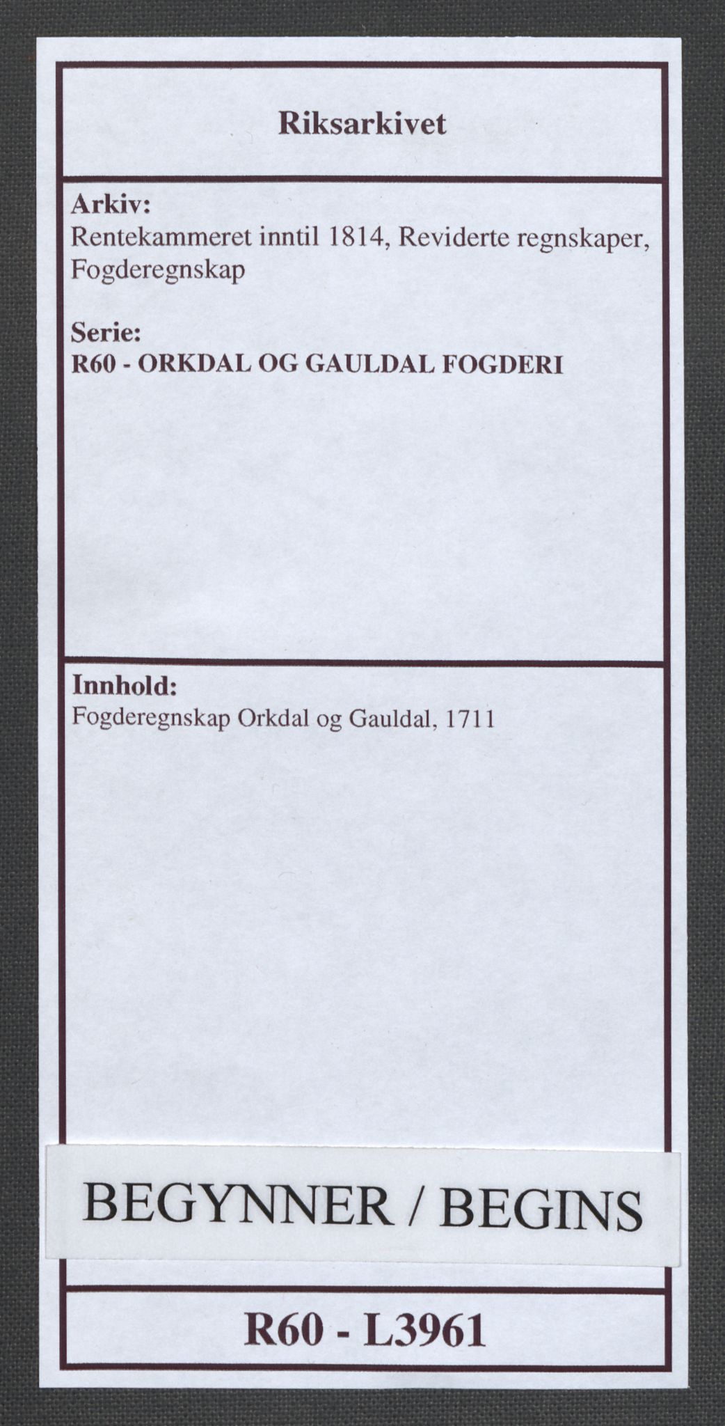 Rentekammeret inntil 1814, Reviderte regnskaper, Fogderegnskap, AV/RA-EA-4092/R60/L3961: Fogderegnskap Orkdal og Gauldal, 1711, p. 1