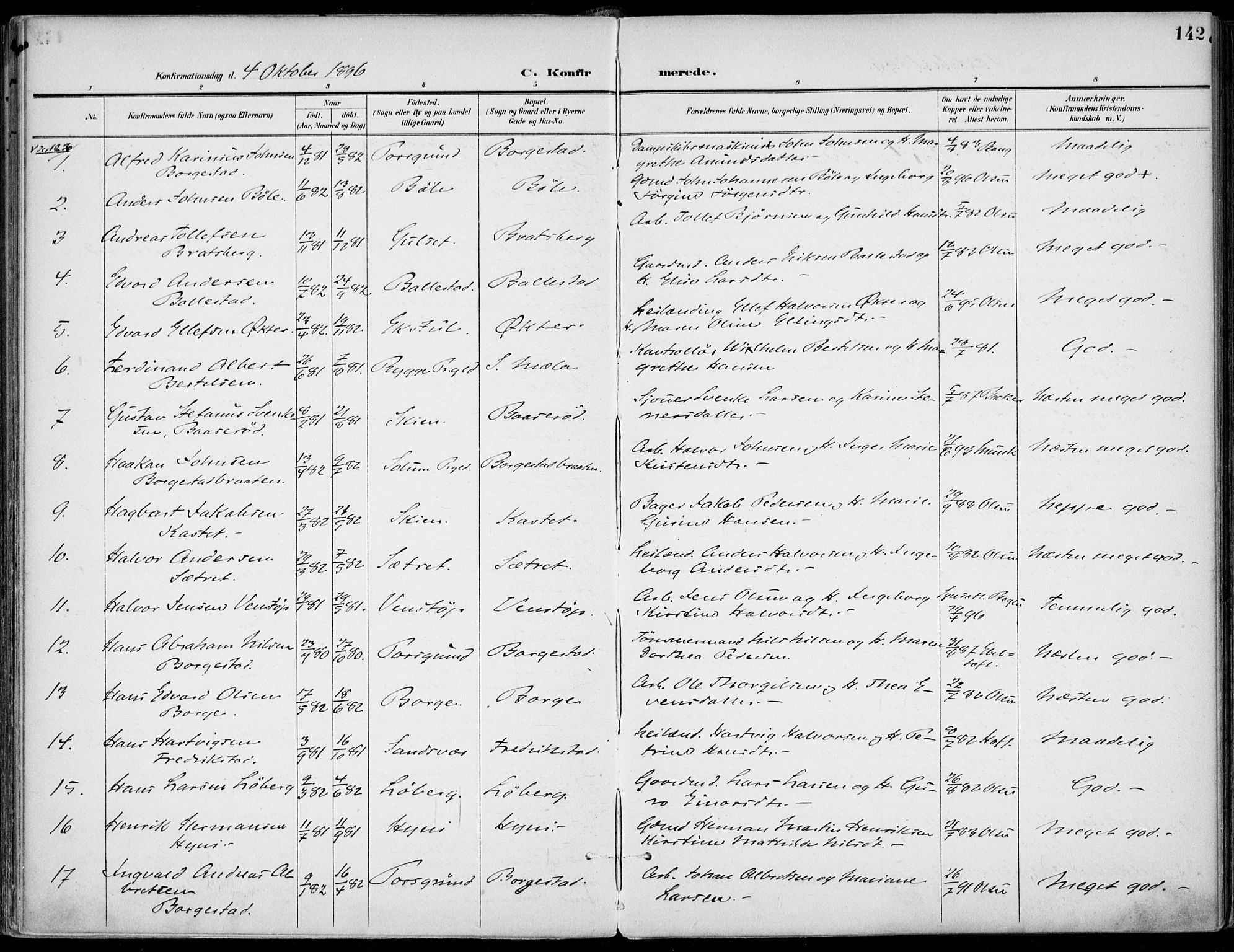 Gjerpen kirkebøker, SAKO/A-265/F/Fa/L0011: Parish register (official) no. I 11, 1896-1904, p. 142