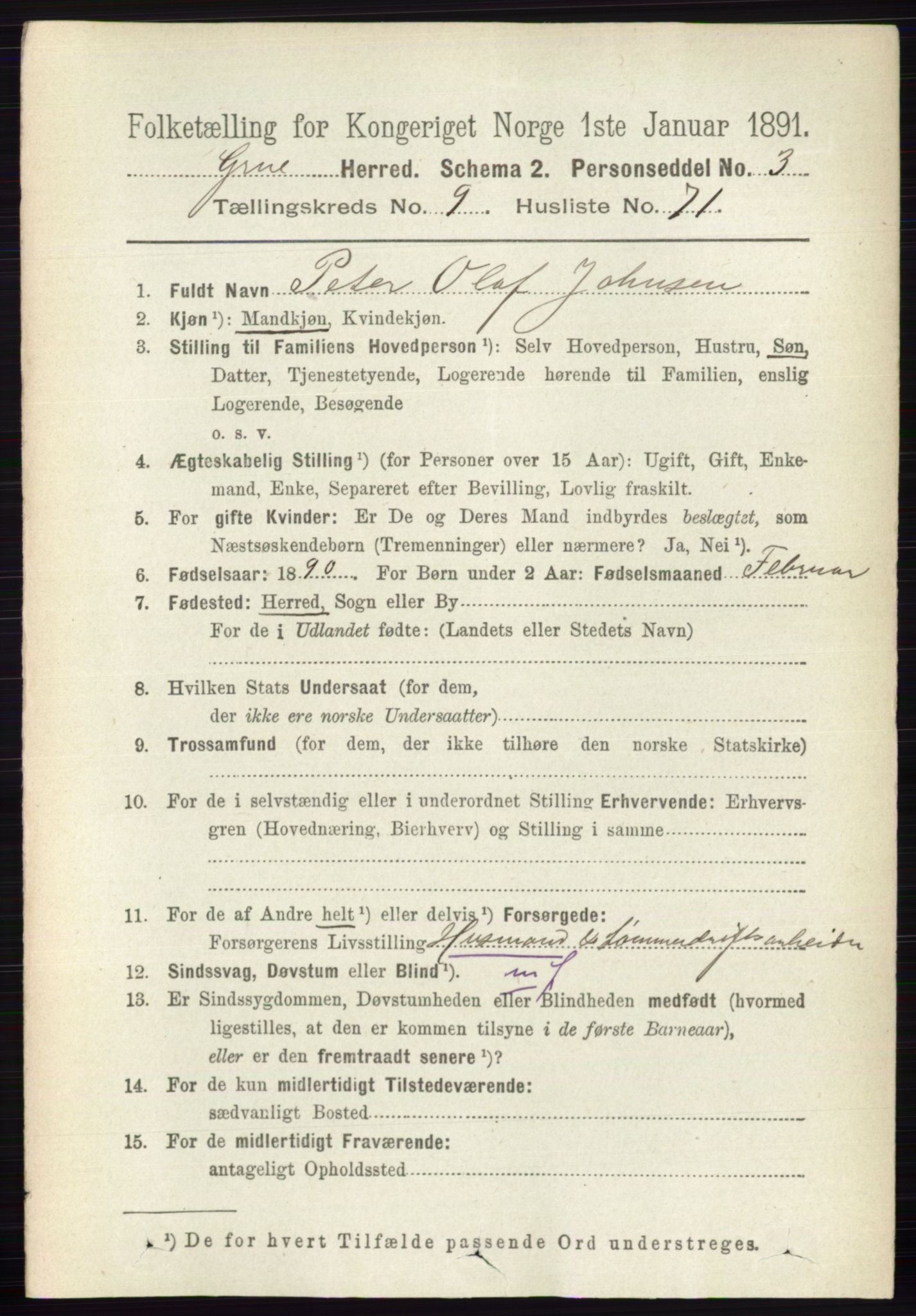 RA, 1891 census for 0423 Grue, 1891, p. 5285