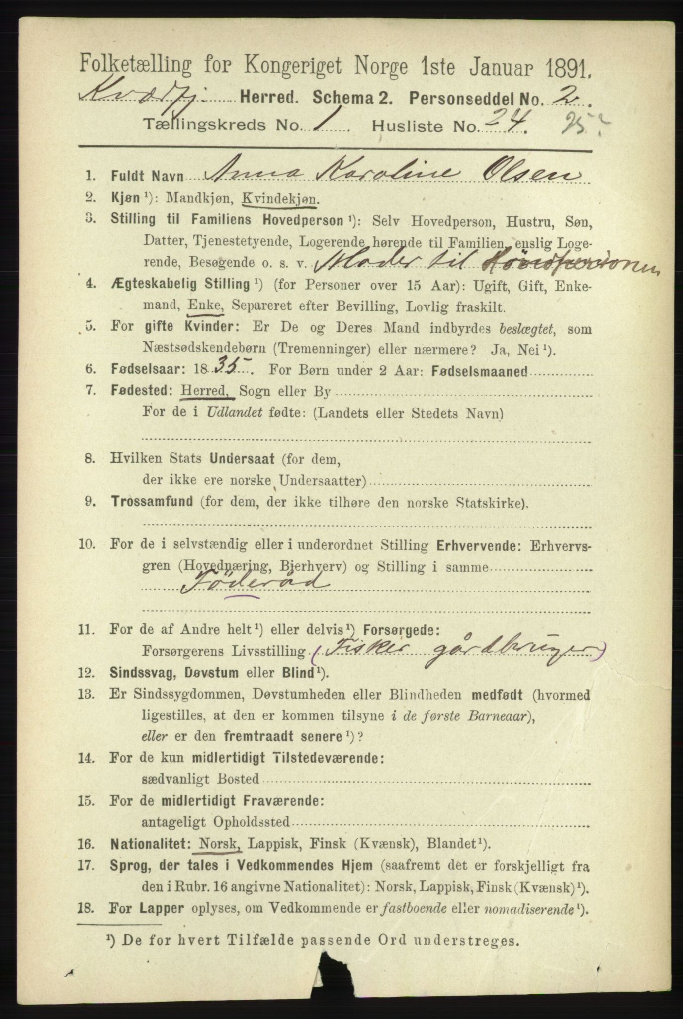 RA, 1891 census for 1911 Kvæfjord, 1891, p. 252