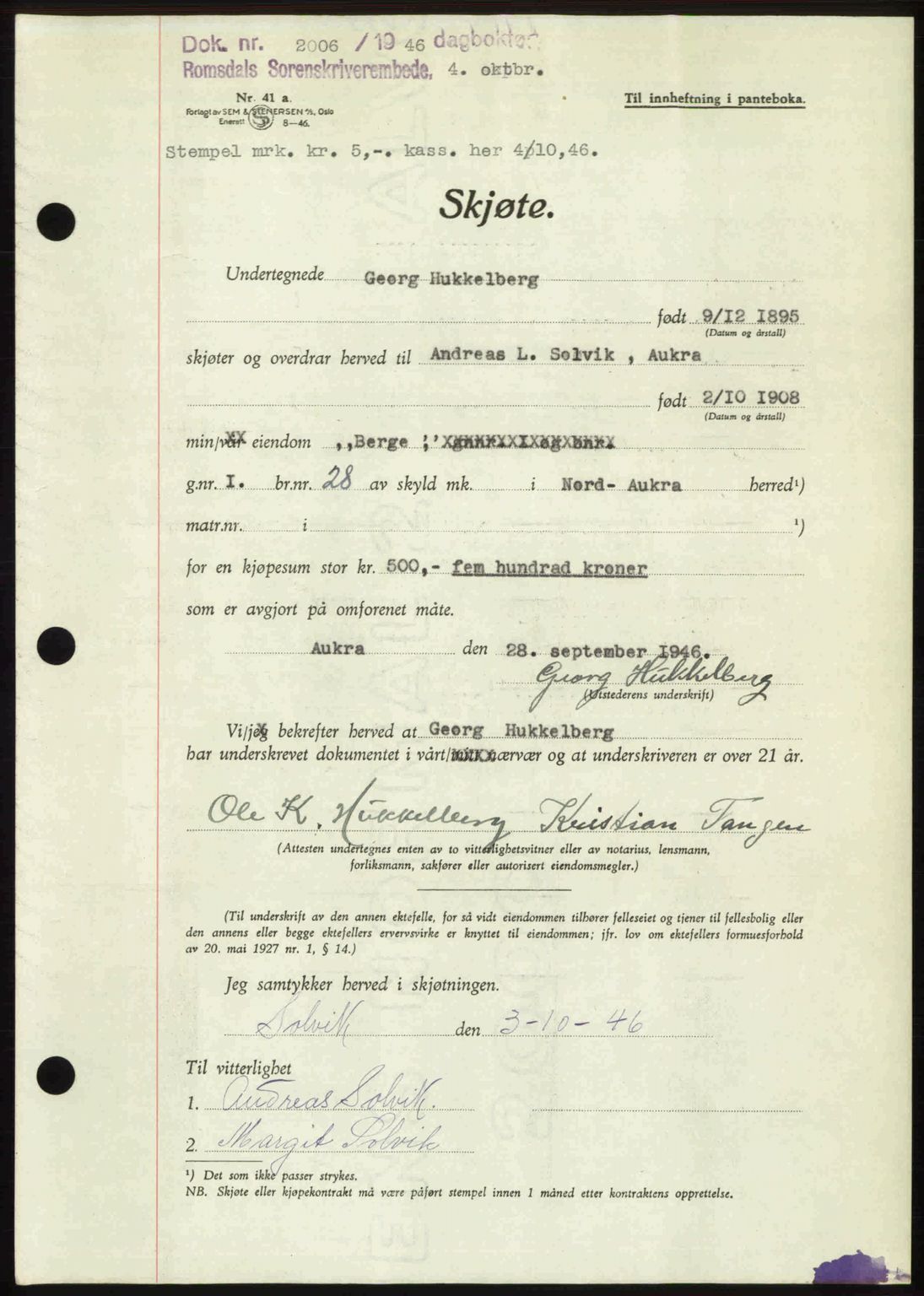 Romsdal sorenskriveri, AV/SAT-A-4149/1/2/2C: Mortgage book no. A21, 1946-1946, Diary no: : 2006/1946