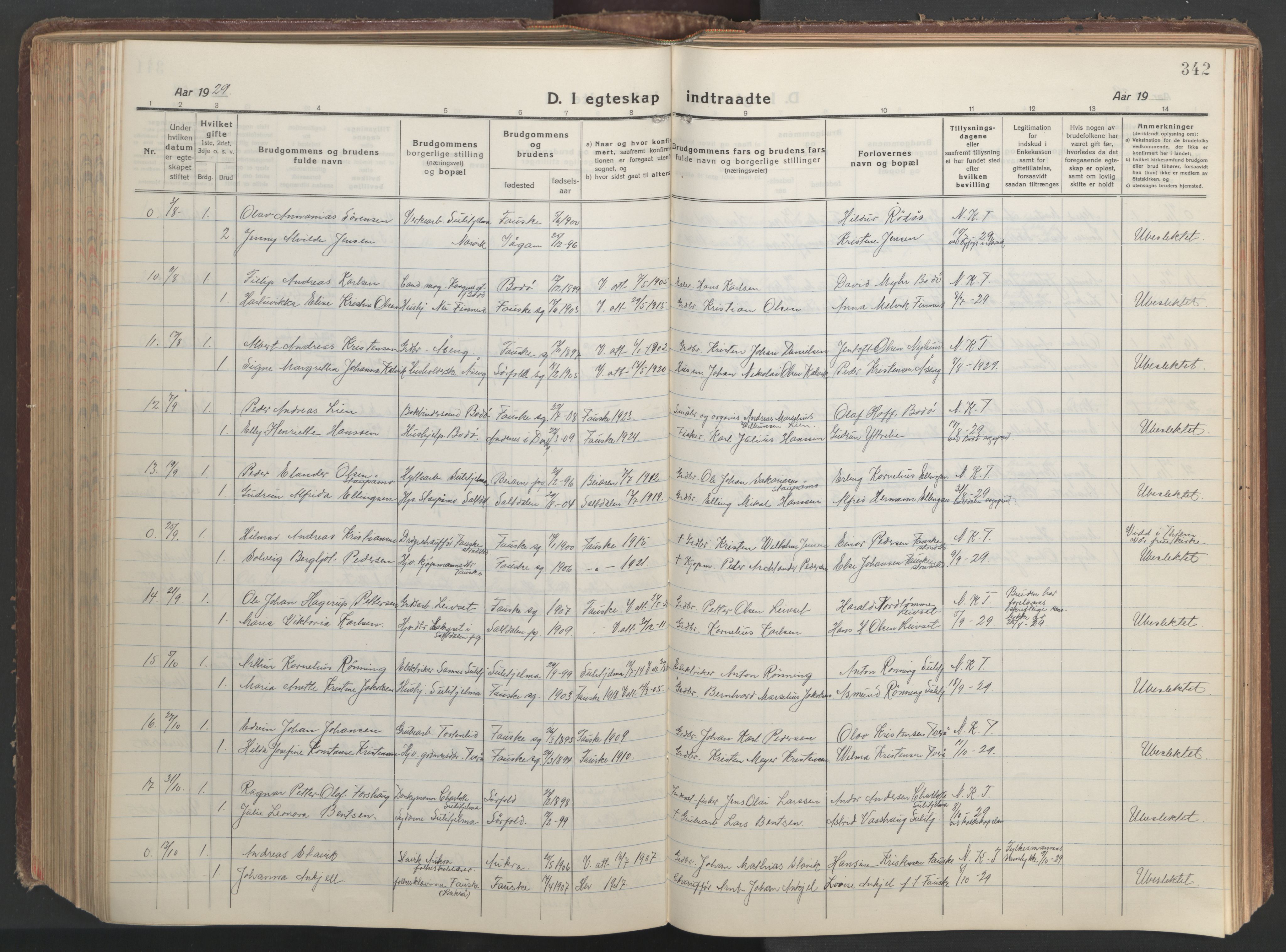 Ministerialprotokoller, klokkerbøker og fødselsregistre - Nordland, AV/SAT-A-1459/849/L0700: Parish register (copy) no. 849C01, 1919-1946, p. 342