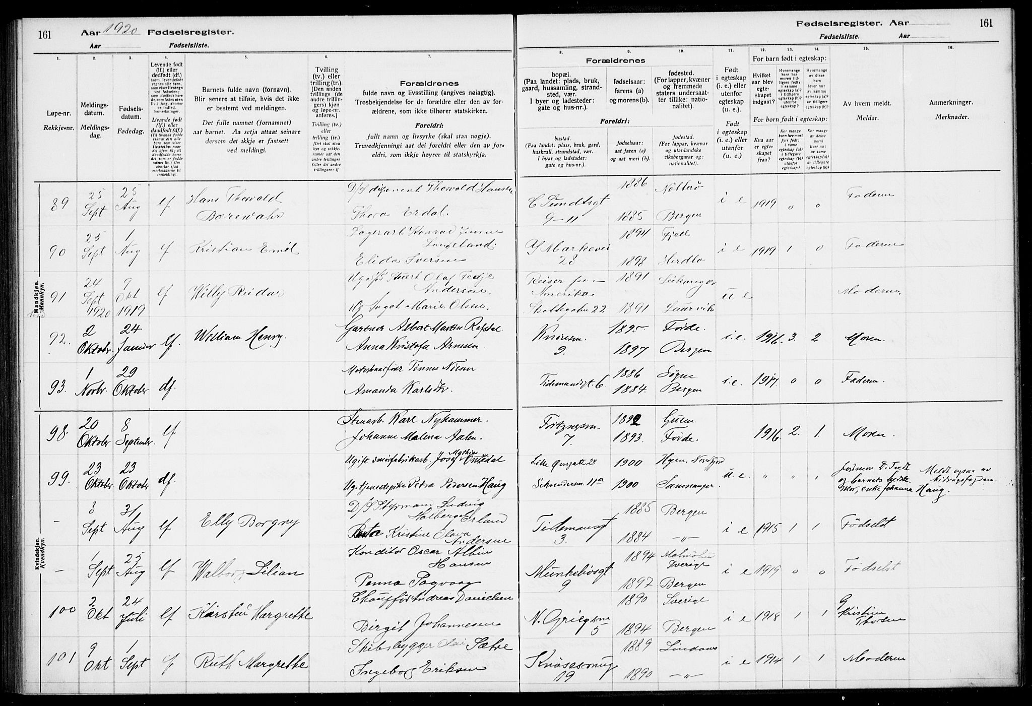 Nykirken Sokneprestembete, SAB/A-77101/I/Id/L00A1: Birth register no. A 1, 1916-1922, p. 161